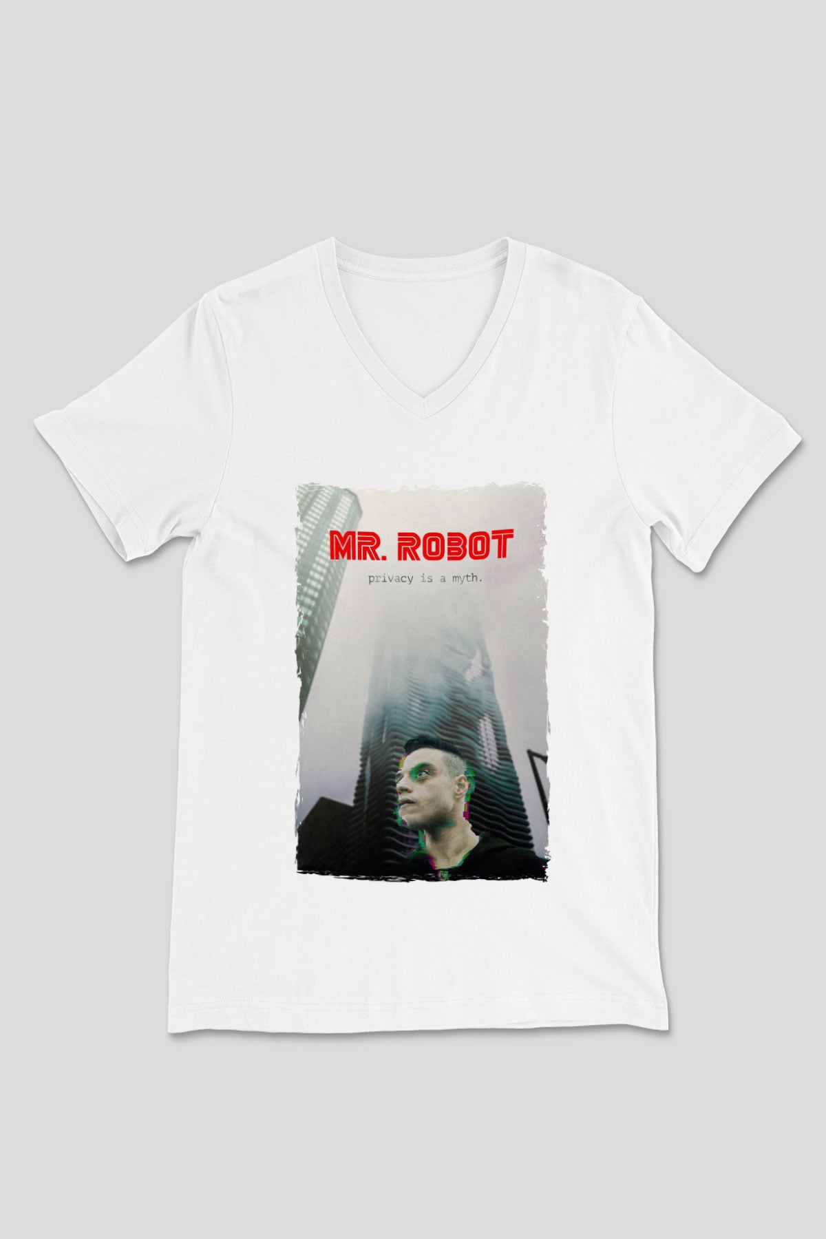 Mr. Robot Beyaz Unisex V Yaka Tişört