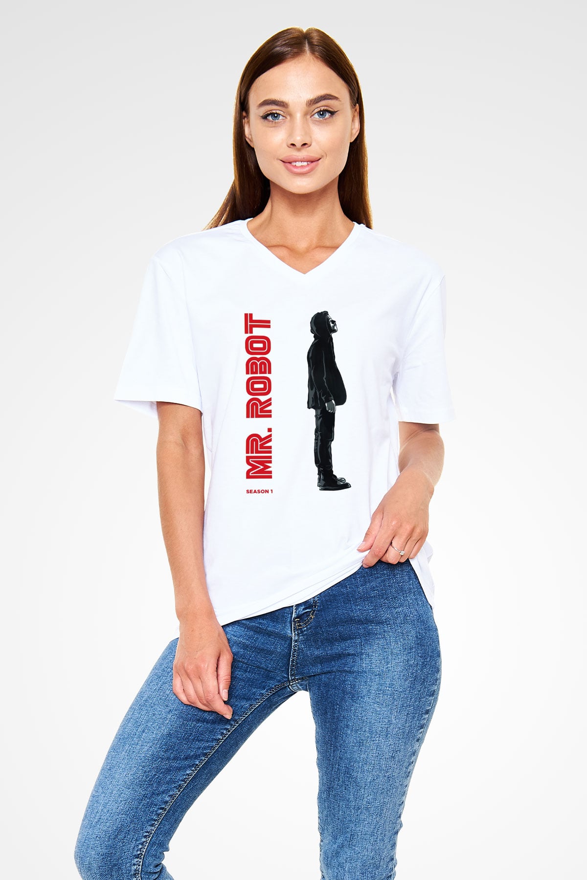Mr. Robot Beyaz Unisex V Yaka Tişört