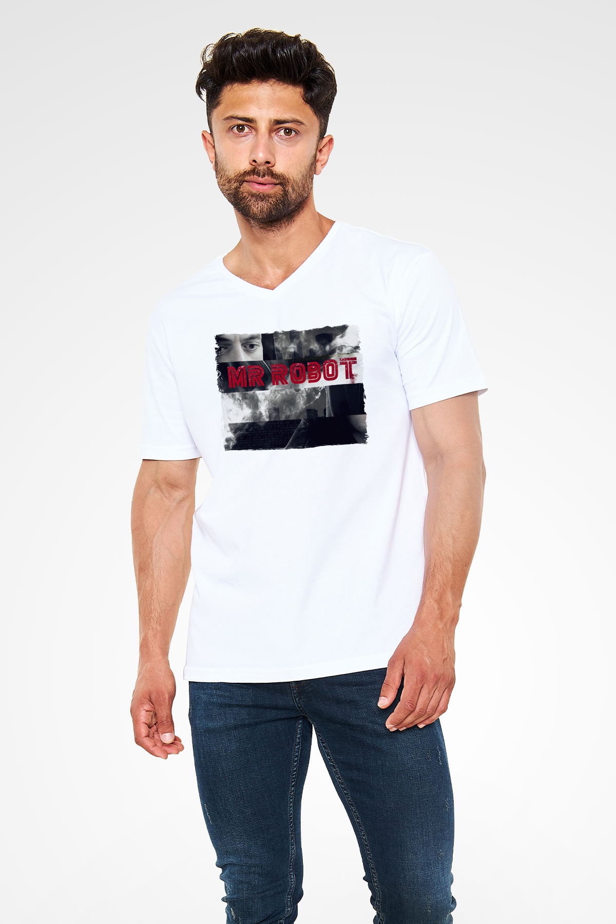 Mr. Robot Beyaz Unisex V Yaka Tişört