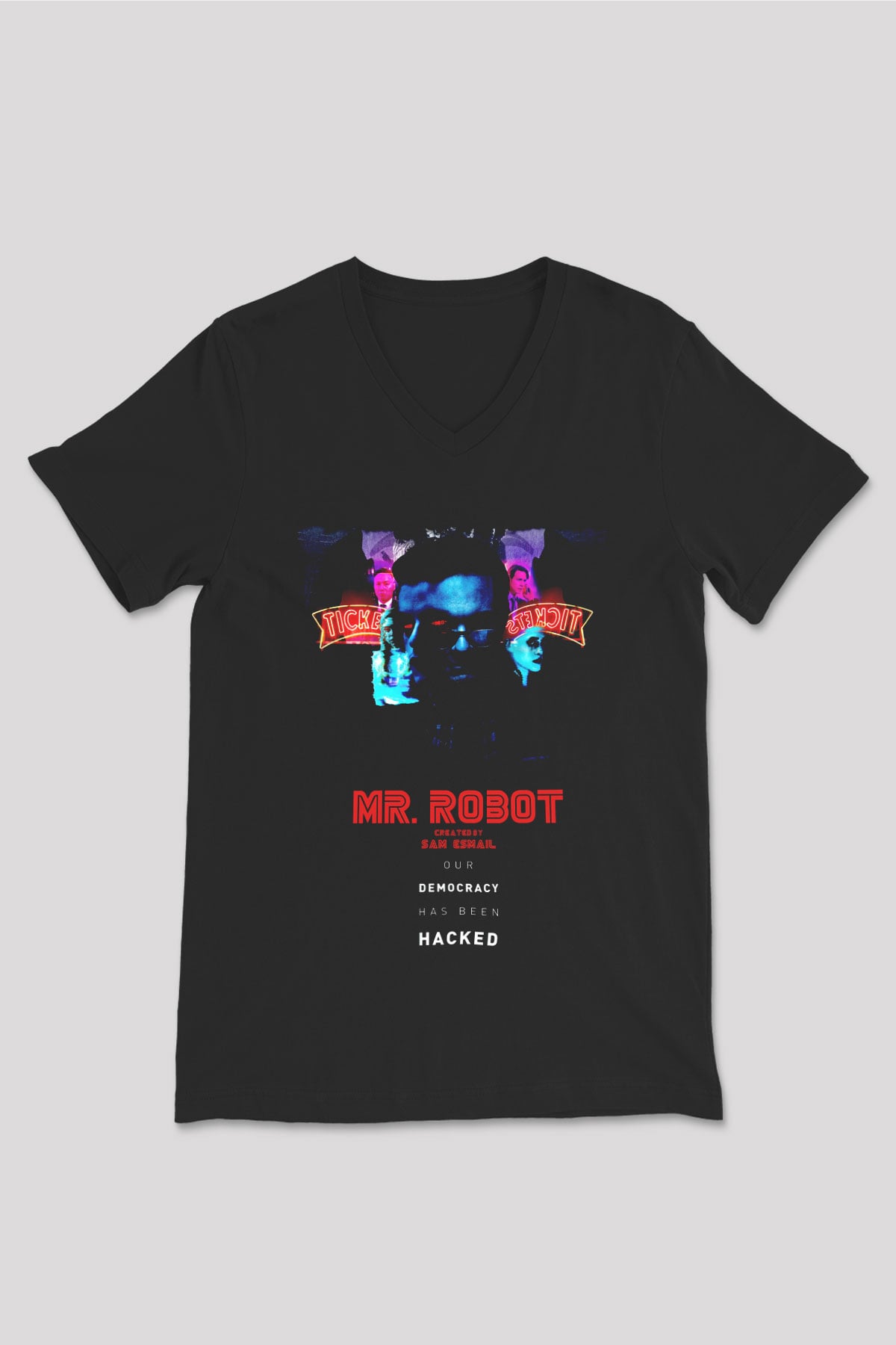 Mr. Robot Siyah Unisex V Yaka Tişört