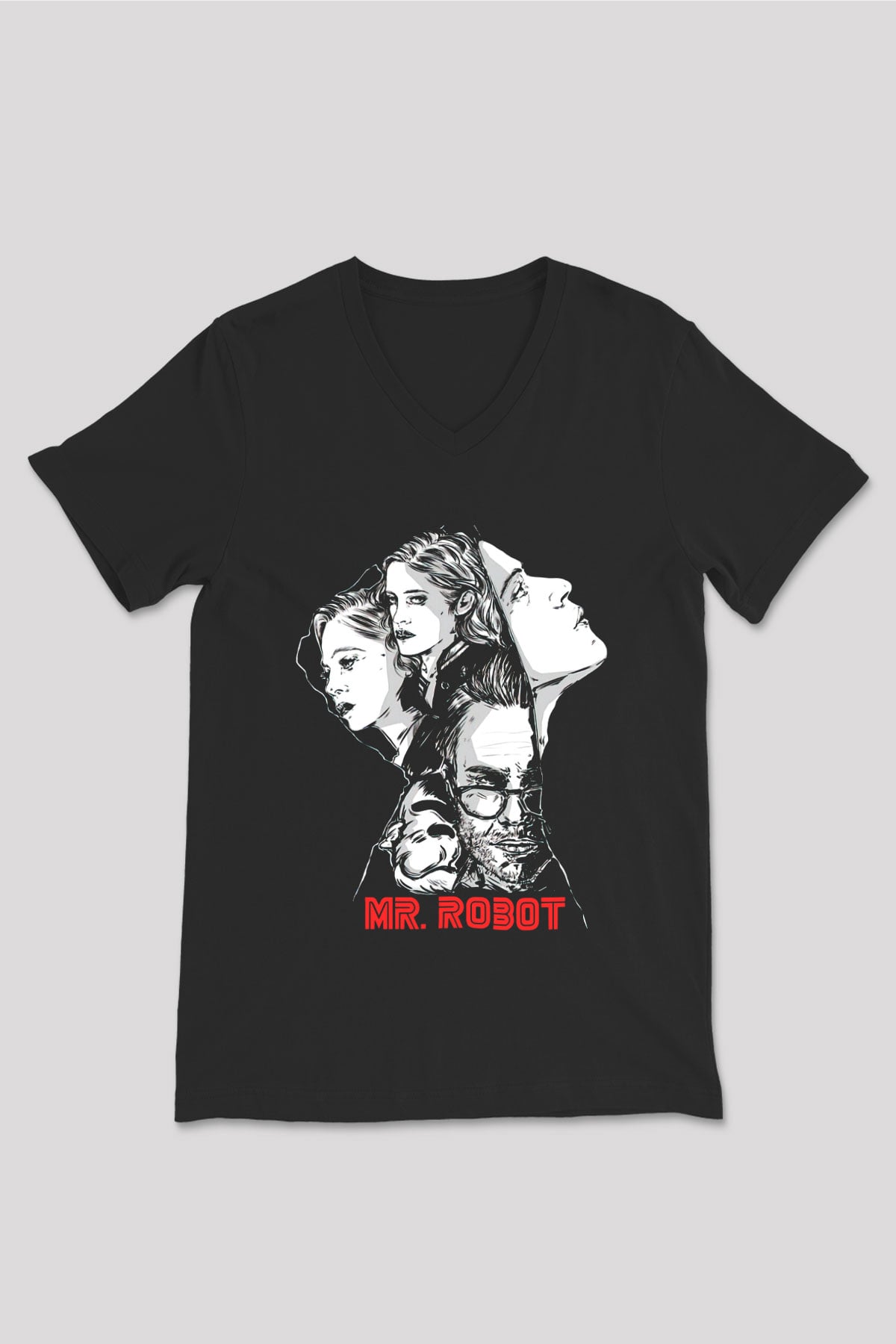Mr. Robot Siyah Unisex V Yaka Tişört T-Shirt