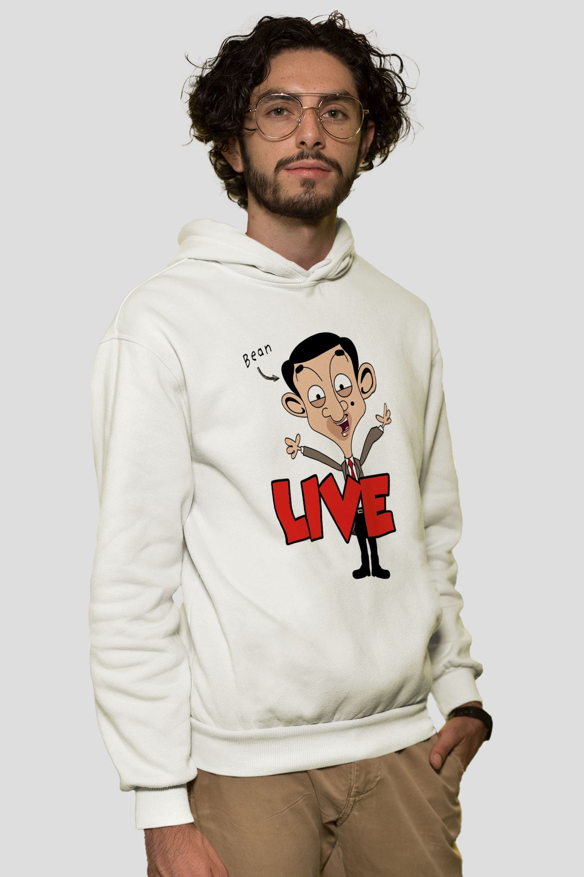 Mr.Bean Beyaz Unisex Kapşonlu Sweatshirt