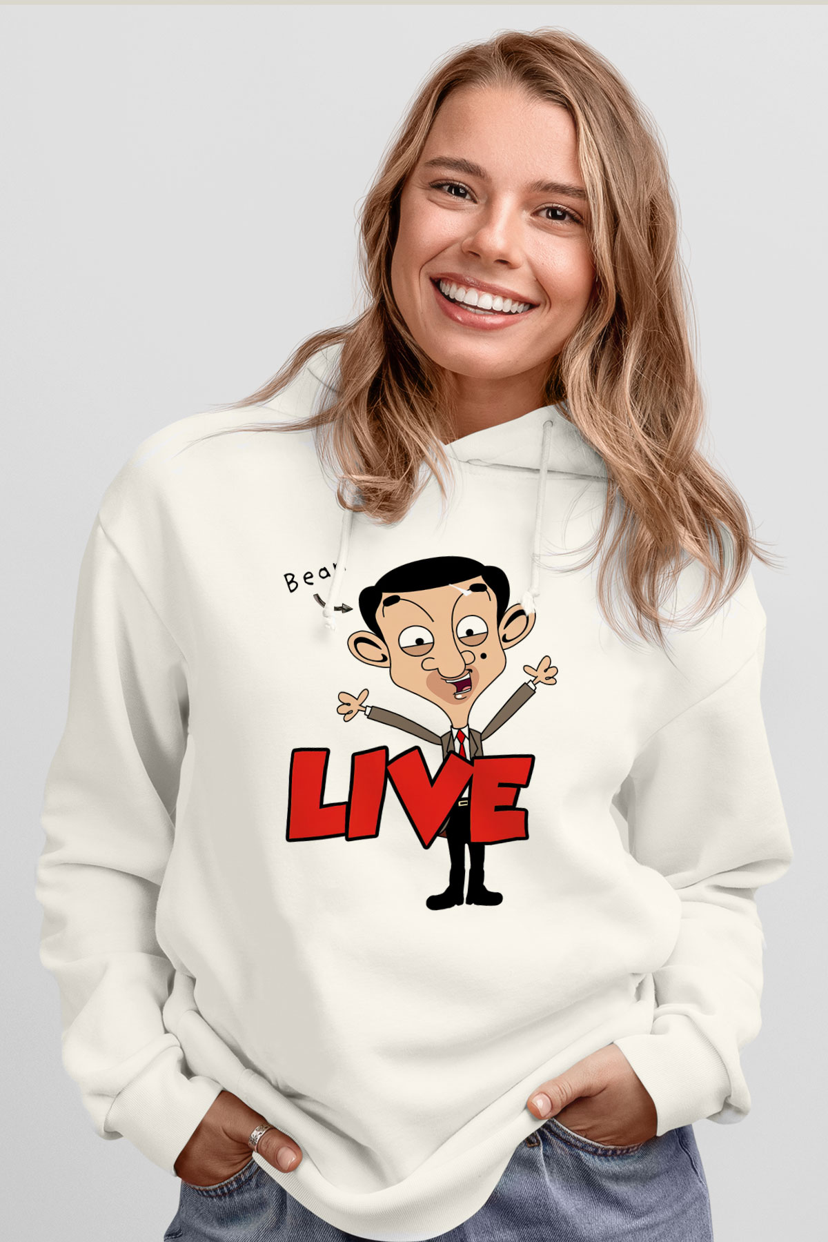 Mr.Bean Beyaz Unisex Kapşonlu Sweatshirt