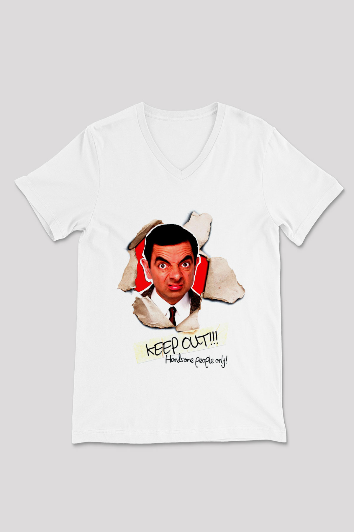 Mr.Bean Beyaz Unisex  V Yaka Tişört