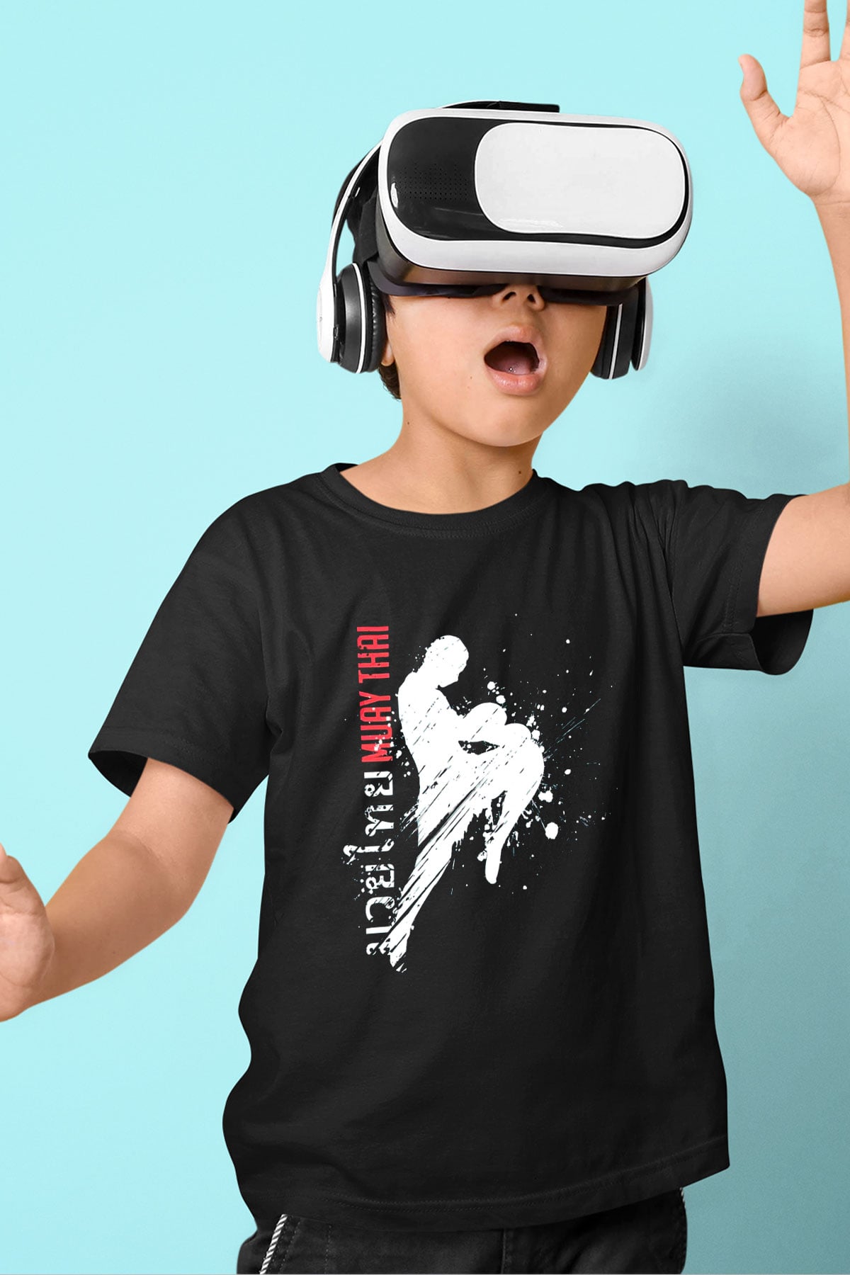 Muay Thai Baskılı Siyah Unisex Çocuk Tişört