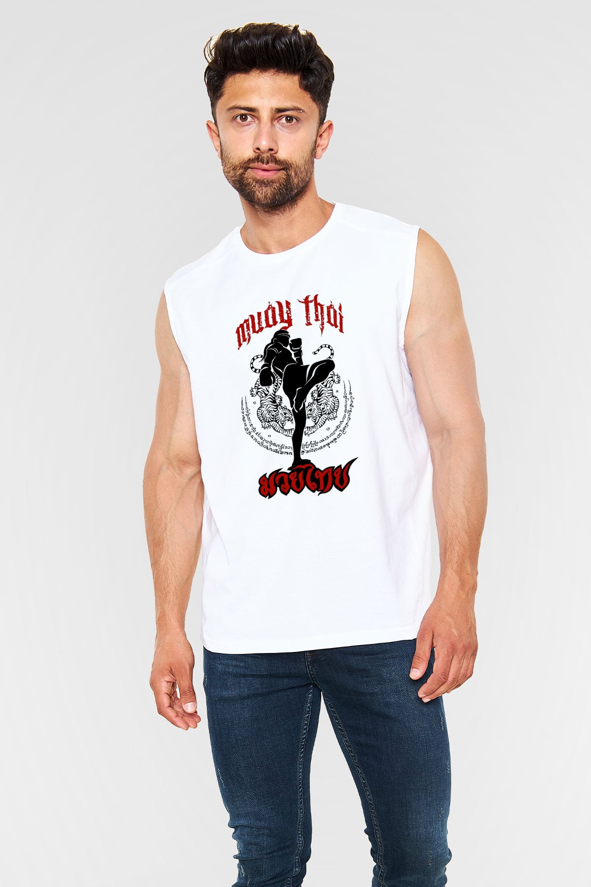 Muay Thai Beyaz Unisex Kolsuz Tişört