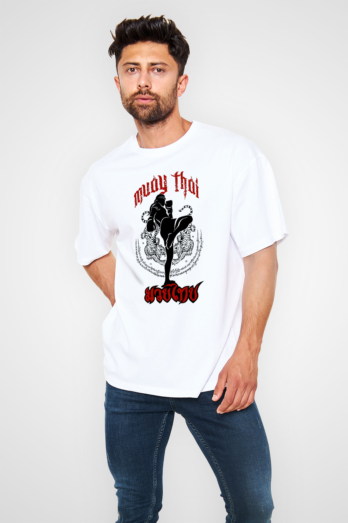 Muay Thai Beyaz Unisex Oversize Tişört T-Shirt