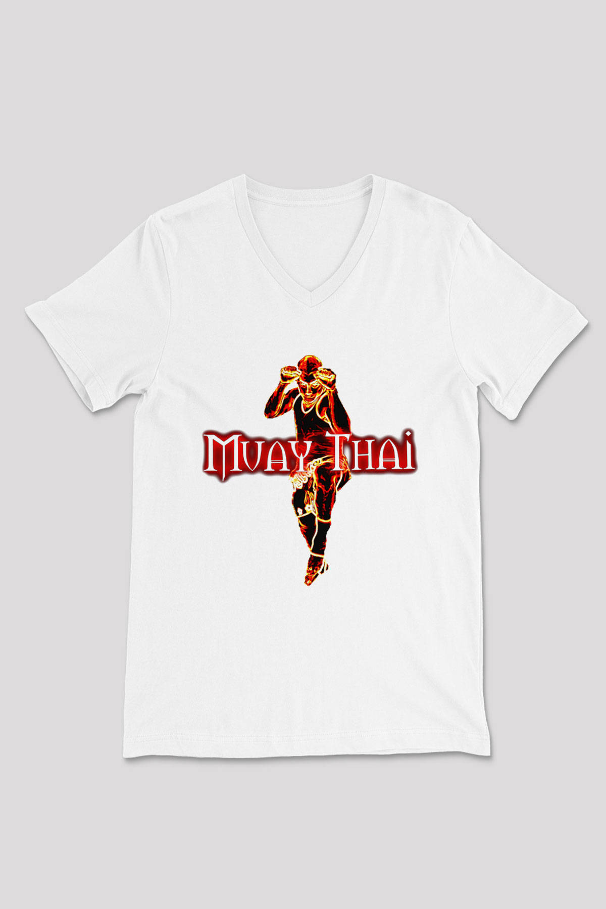 Muay Thai Beyaz Unisex V Yaka Tişört T-Shirt