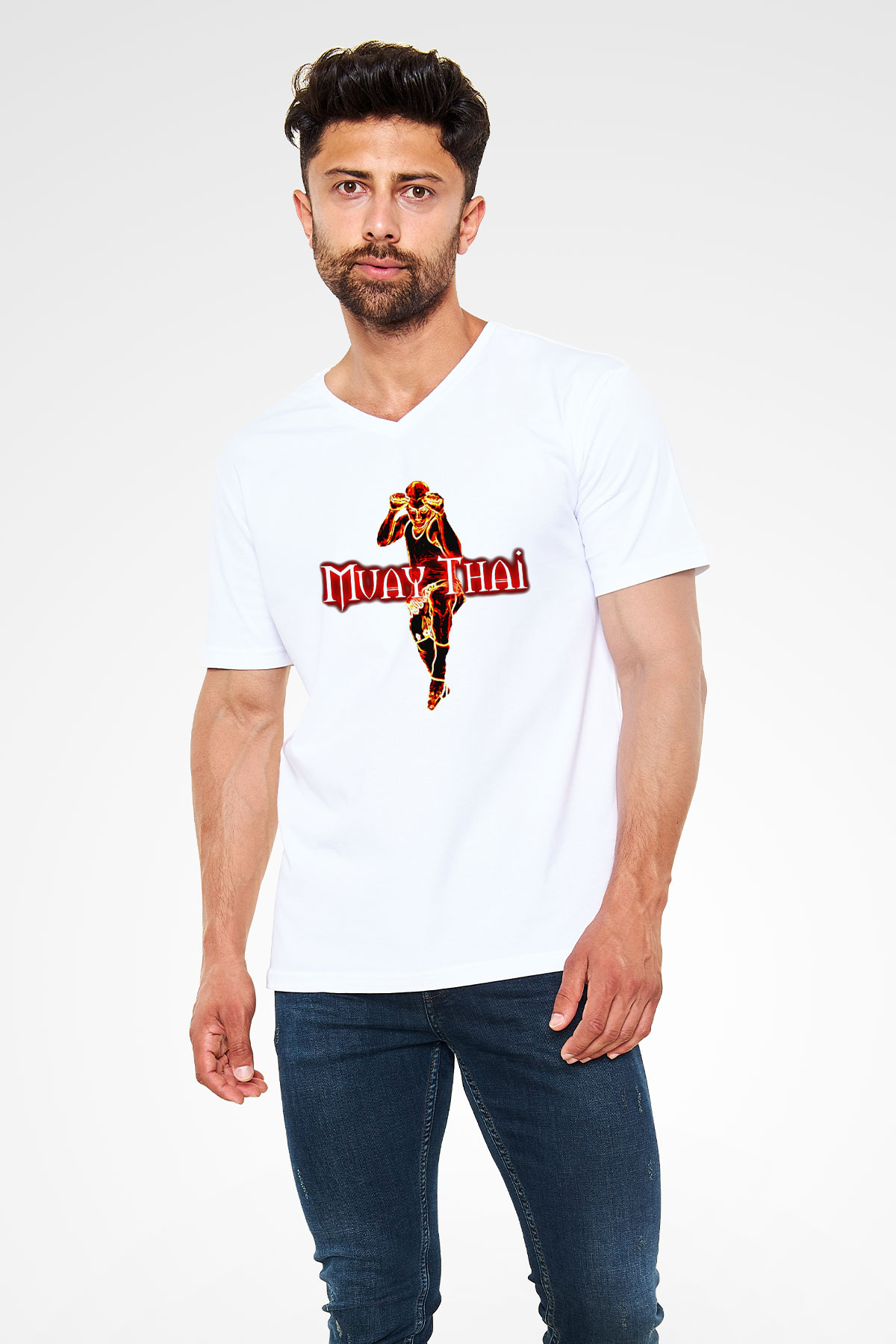 Muay Thai Beyaz Unisex V Yaka Tişört T-Shirt