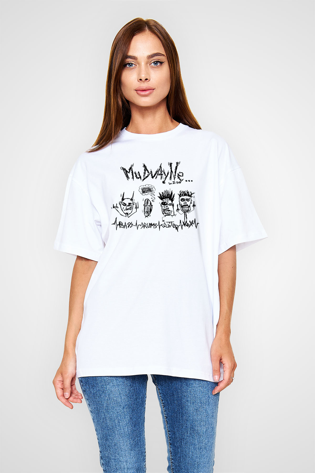 Mudvayne Baskılı Beyaz Unisex Oversize Tişört - Tshirt