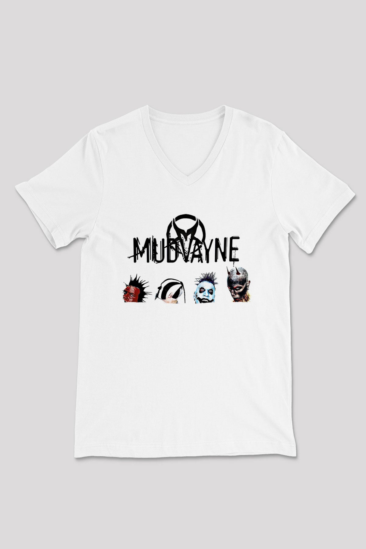 Mudvayne Baskılı Beyaz Unisex V Yaka Tişört - Tshirt