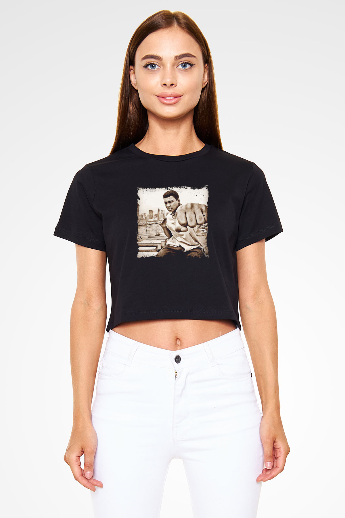 Muhammed Ali Baskılı Siyah Kadın Crop Top Tişört