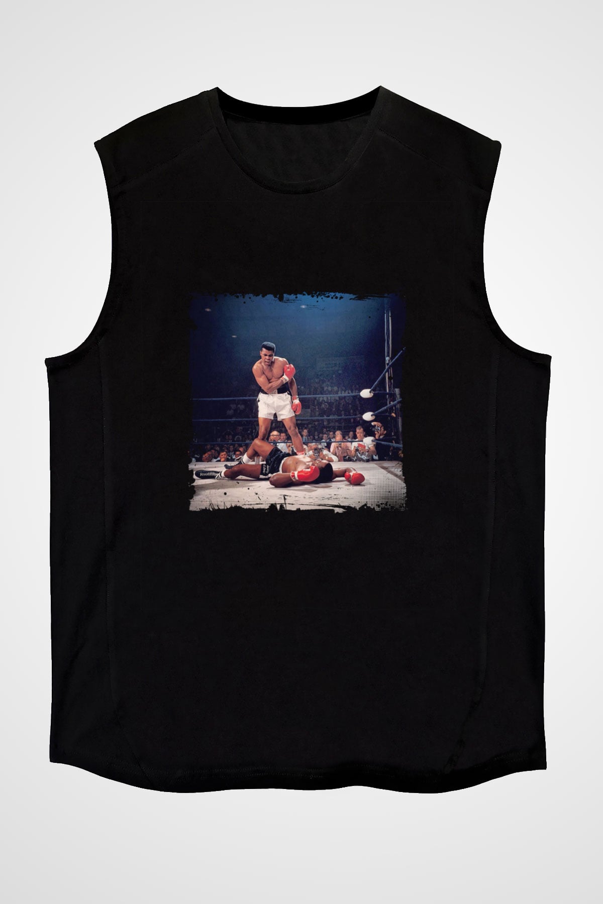 Muhammed Ali Baskılı Unisex Siyah Kolsuz Tişört