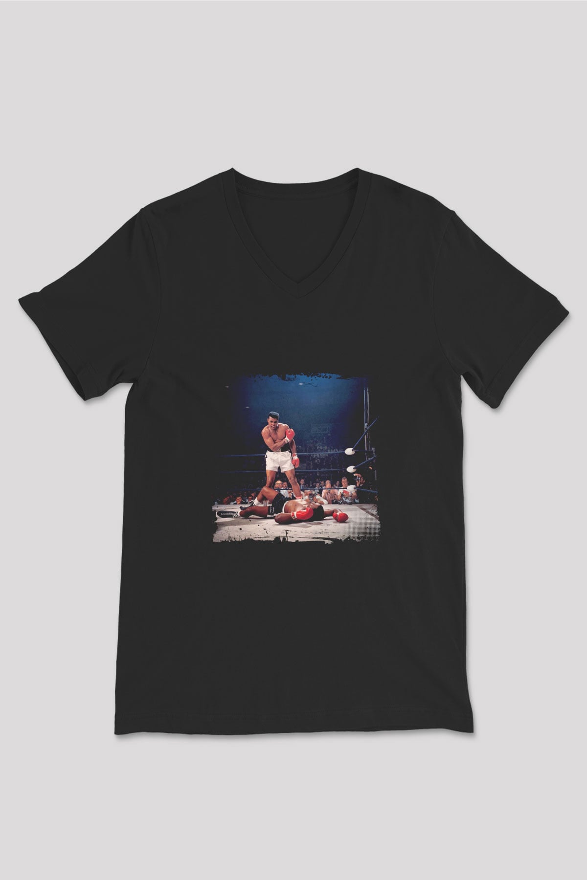 Muhammed Ali Baskılı Unisex Siyah V Yaka Tişört