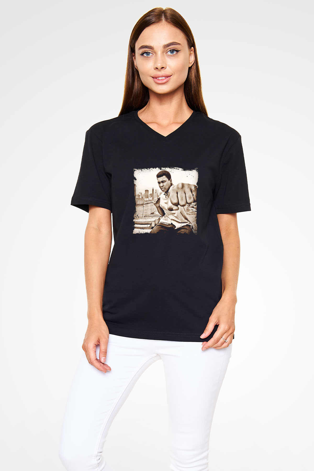Muhammed Ali Baskılı Unisex Siyah V Yaka Tişört