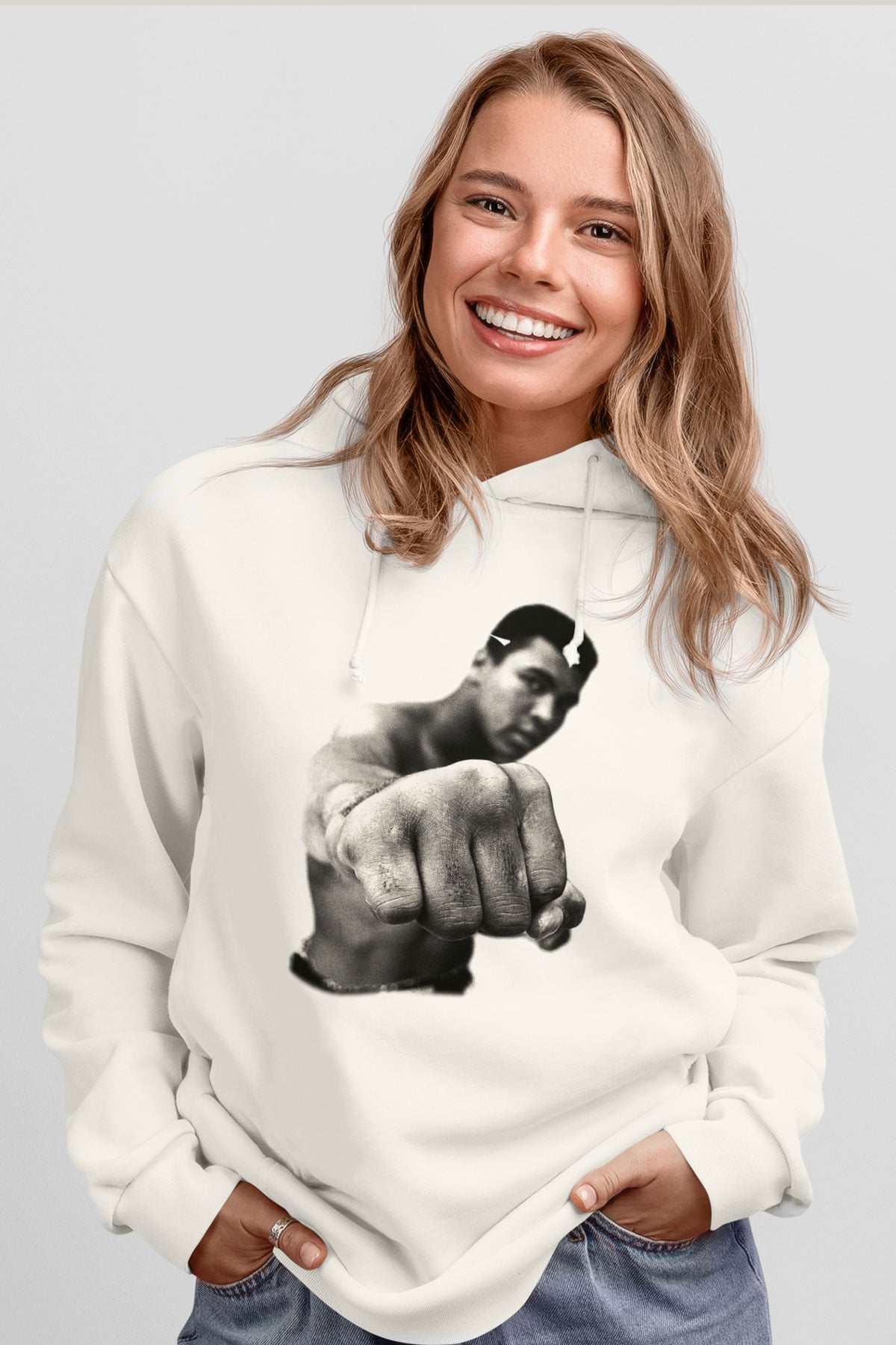 Muhammed Ali Beyaz Unisex Kapşonlu Sweatshirt