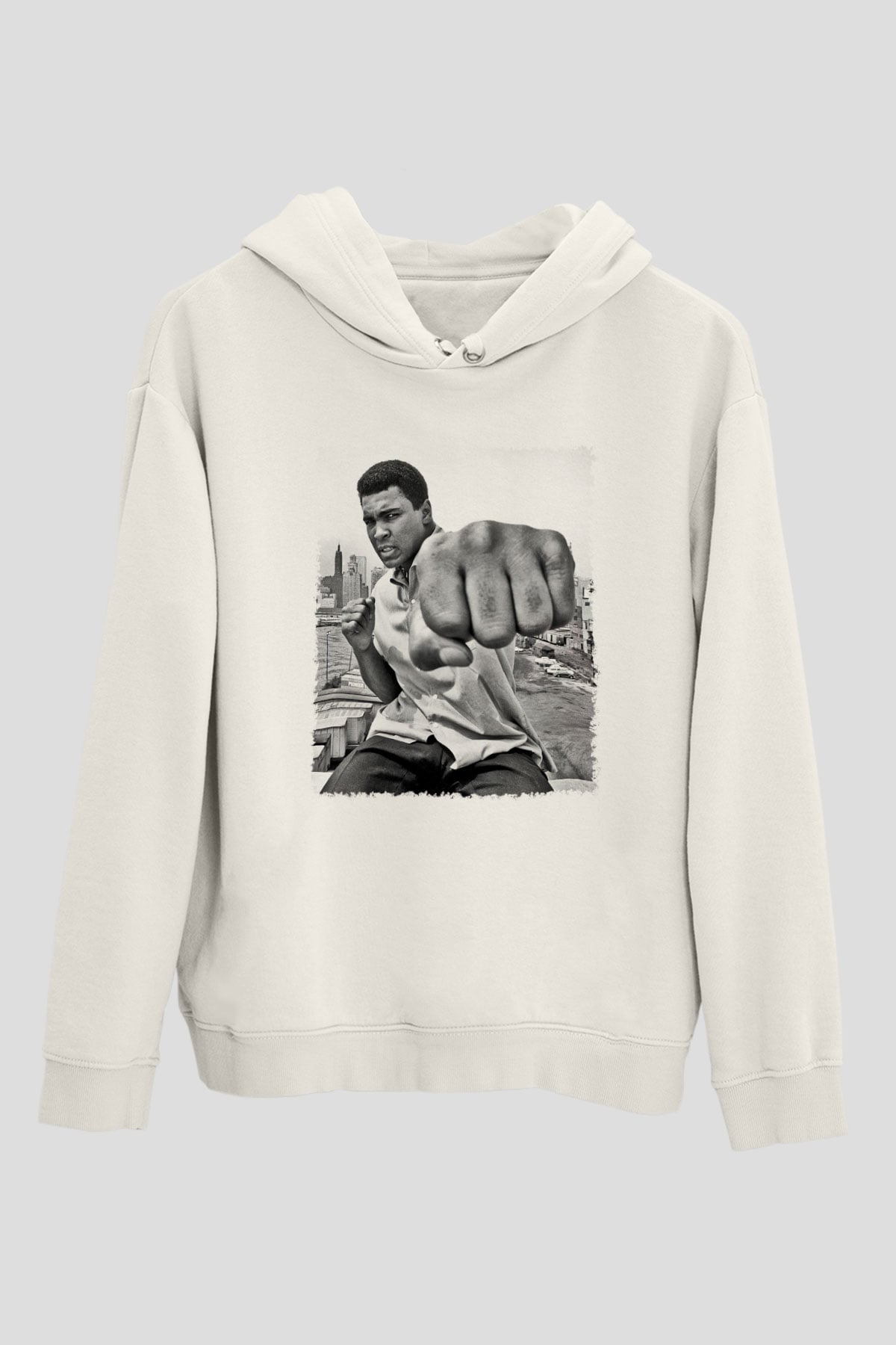 Muhammed Ali Beyaz Unisex Kapşonlu Sweatshirt