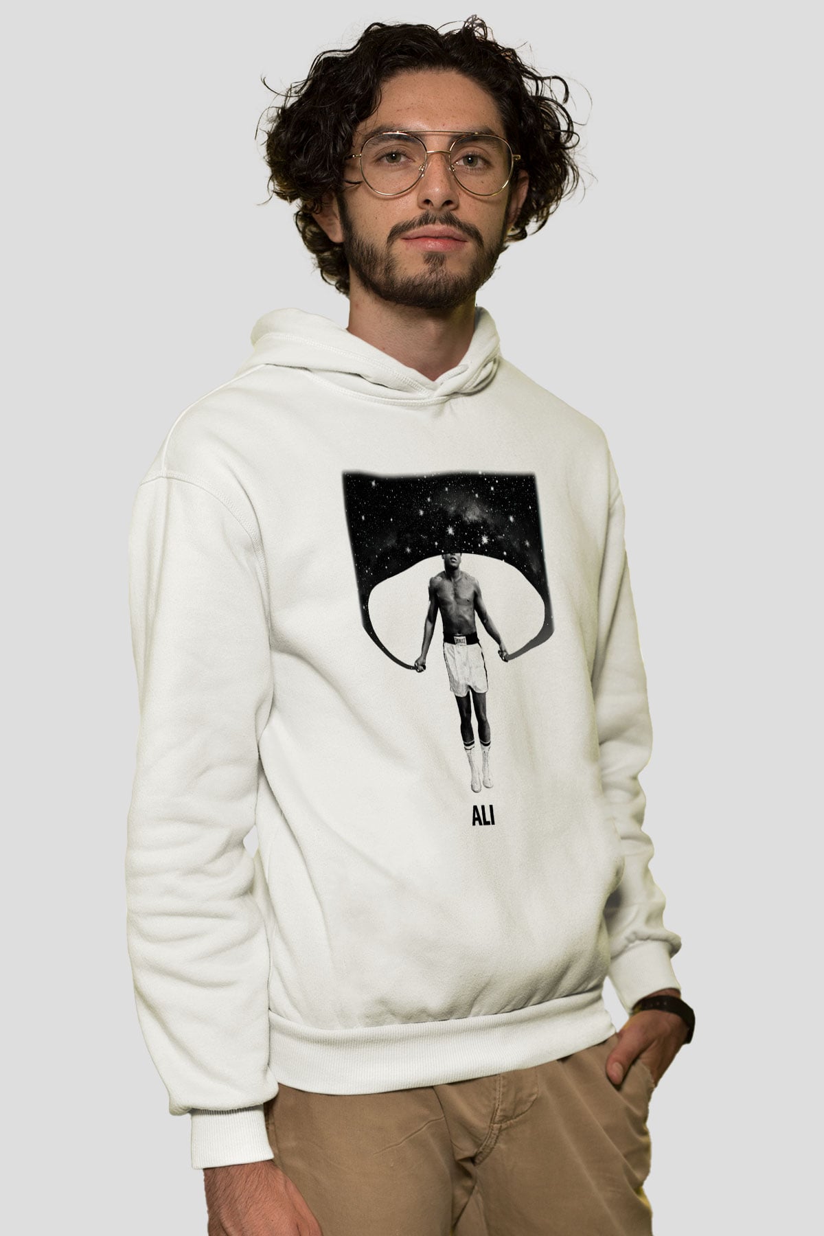 Muhammed Ali Beyaz Unisex Kapşonlu Sweatshirt