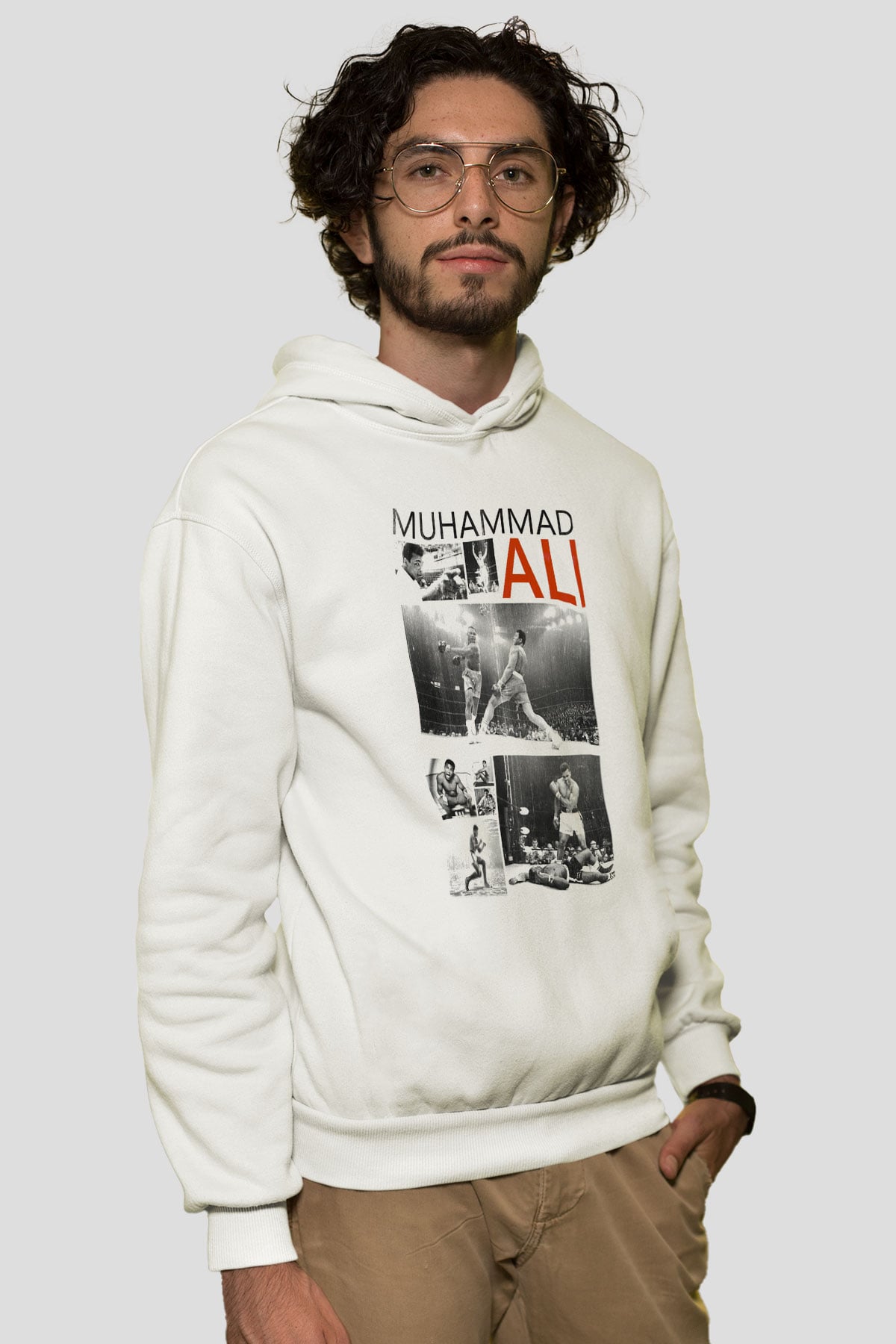 Muhammed Ali Beyaz Unisex Kapşonlu Sweatshirt