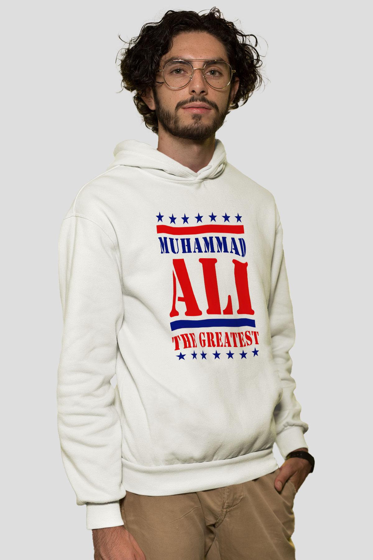 Muhammed Ali Beyaz Unisex Kapşonlu Sweatshirt