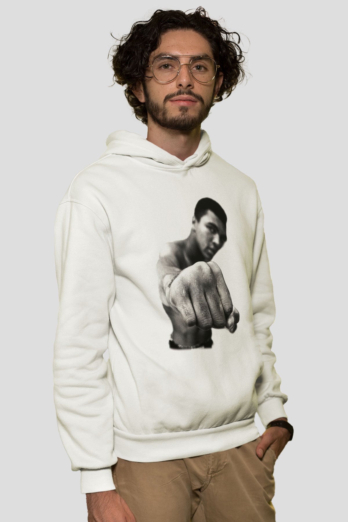 Muhammed Ali Beyaz Unisex Kapşonlu Sweatshirt