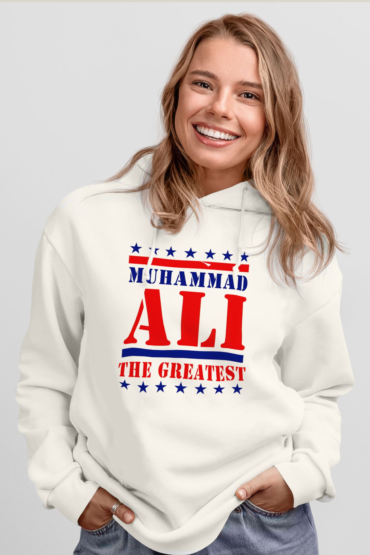 Muhammed Ali Beyaz Unisex Kapşonlu Sweatshirt