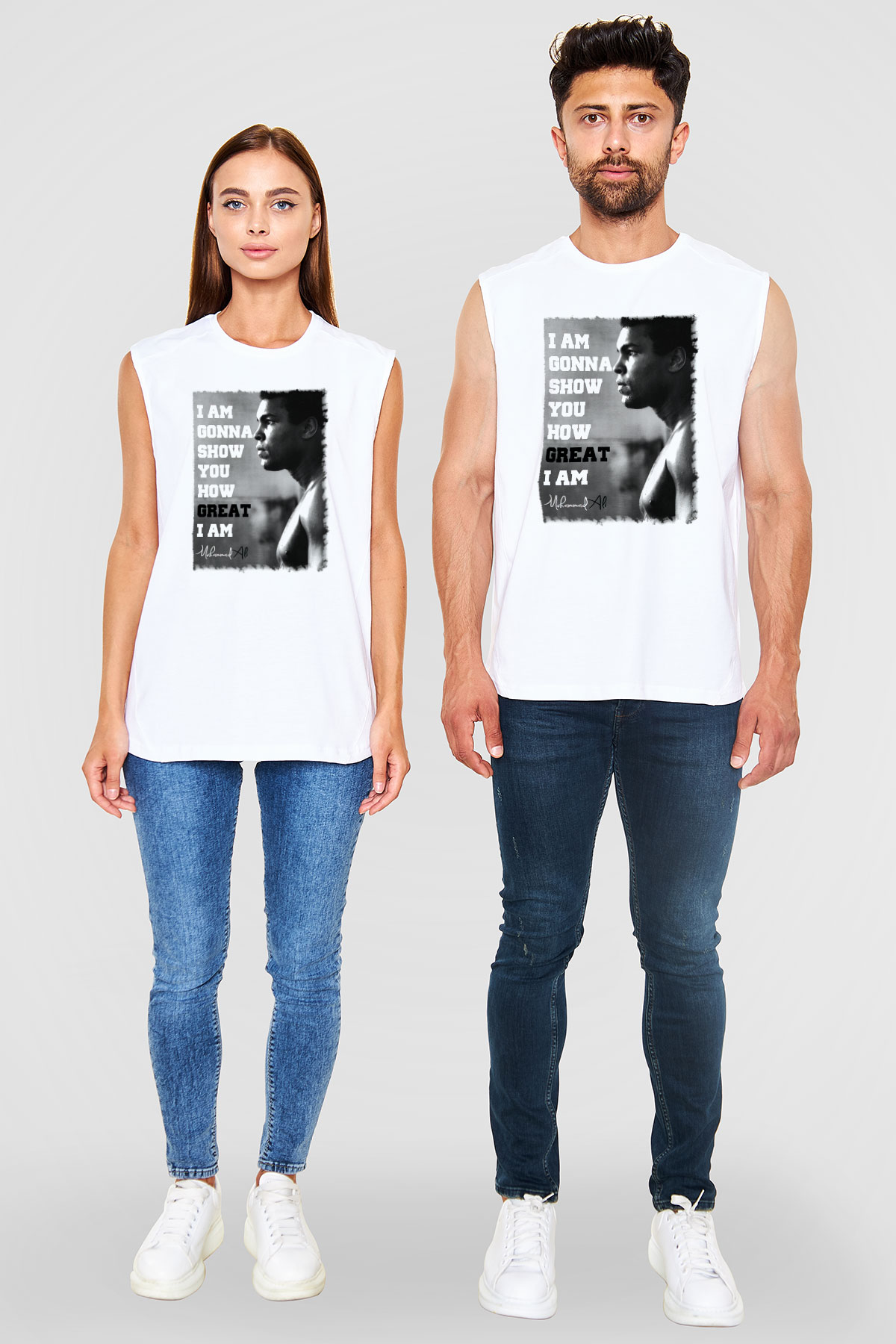 Muhammed Ali Beyaz Unisex Kolsuz Tişört