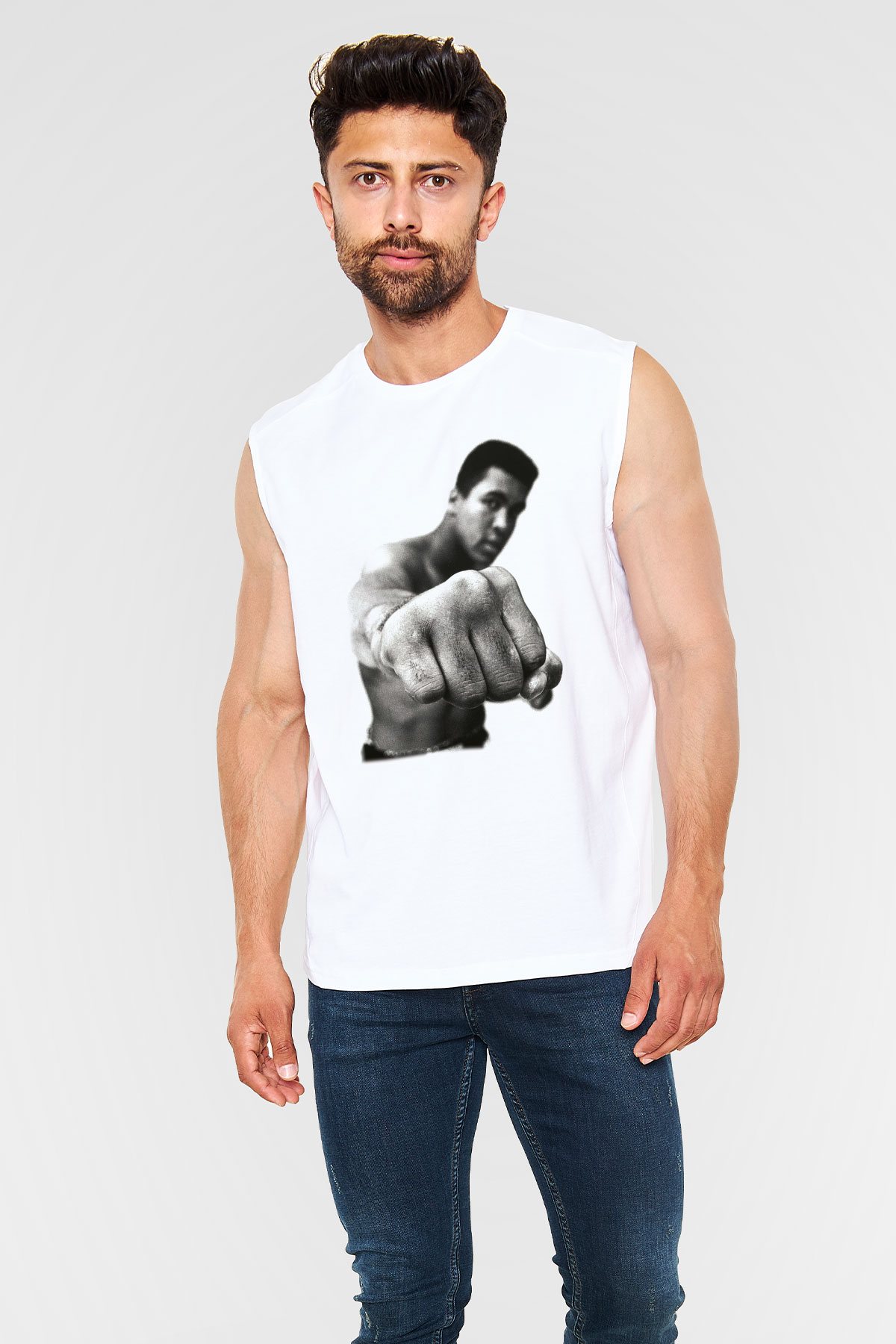 Muhammed Ali Beyaz Unisex Kolsuz Tişört