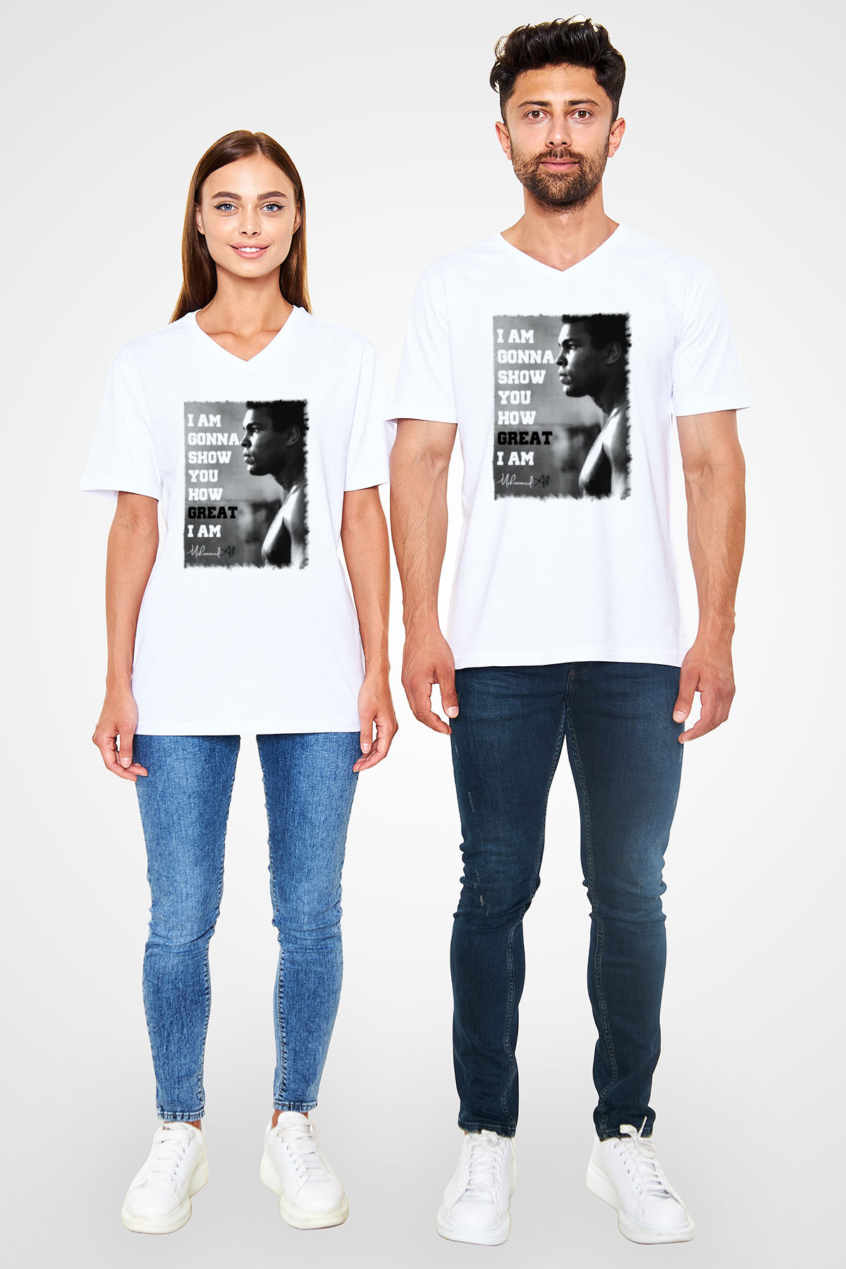 Muhammed Ali Beyaz Unisex V Yaka Tişört T-Shirt