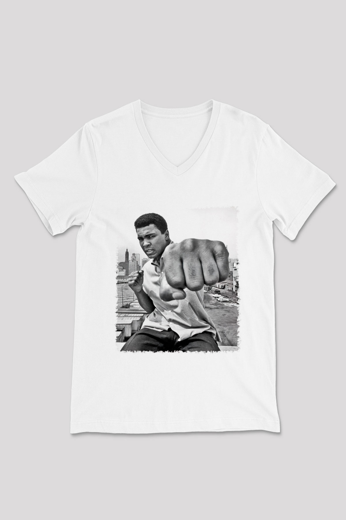 Muhammed Ali Beyaz Unisex V Yaka Tişört T-Shirt