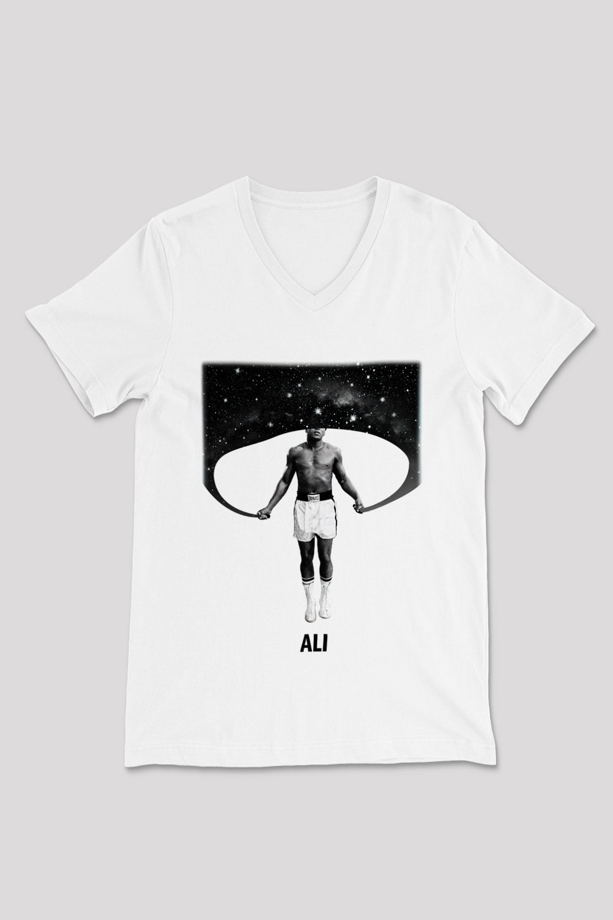 Muhammed Ali Beyaz Unisex V Yaka Tişört T-Shirt
