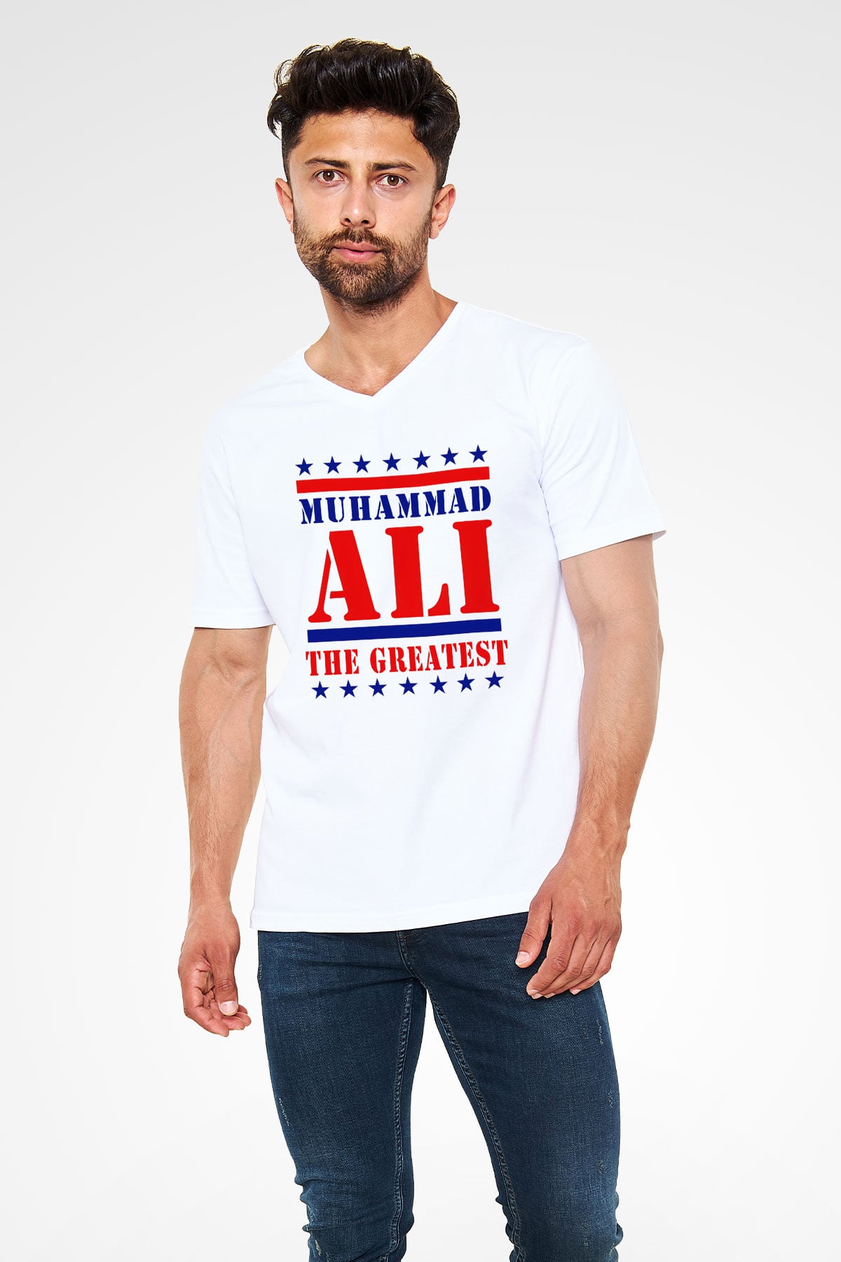 Muhammed Ali Beyaz Unisex V Yaka Tişört T-Shirt