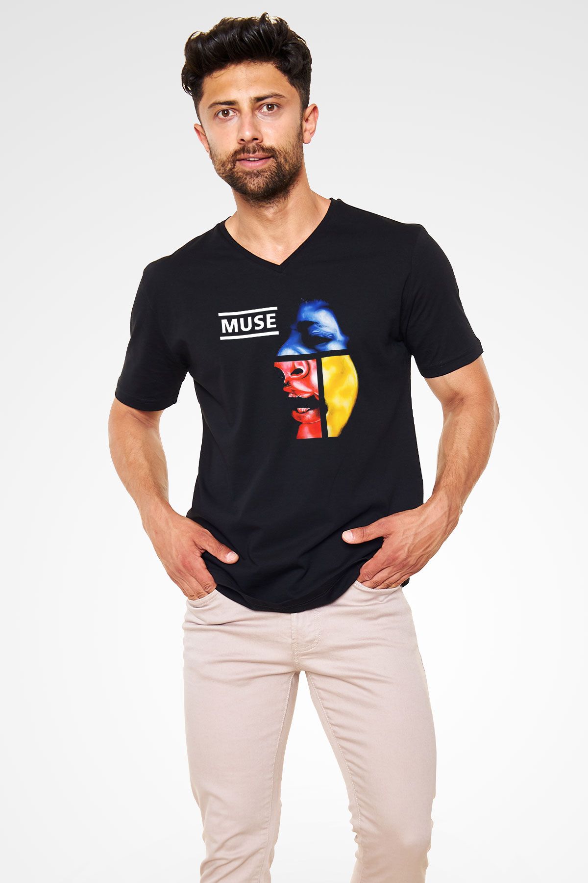 Muse Siyah Unisex V Yaka Tişört T-Shirt