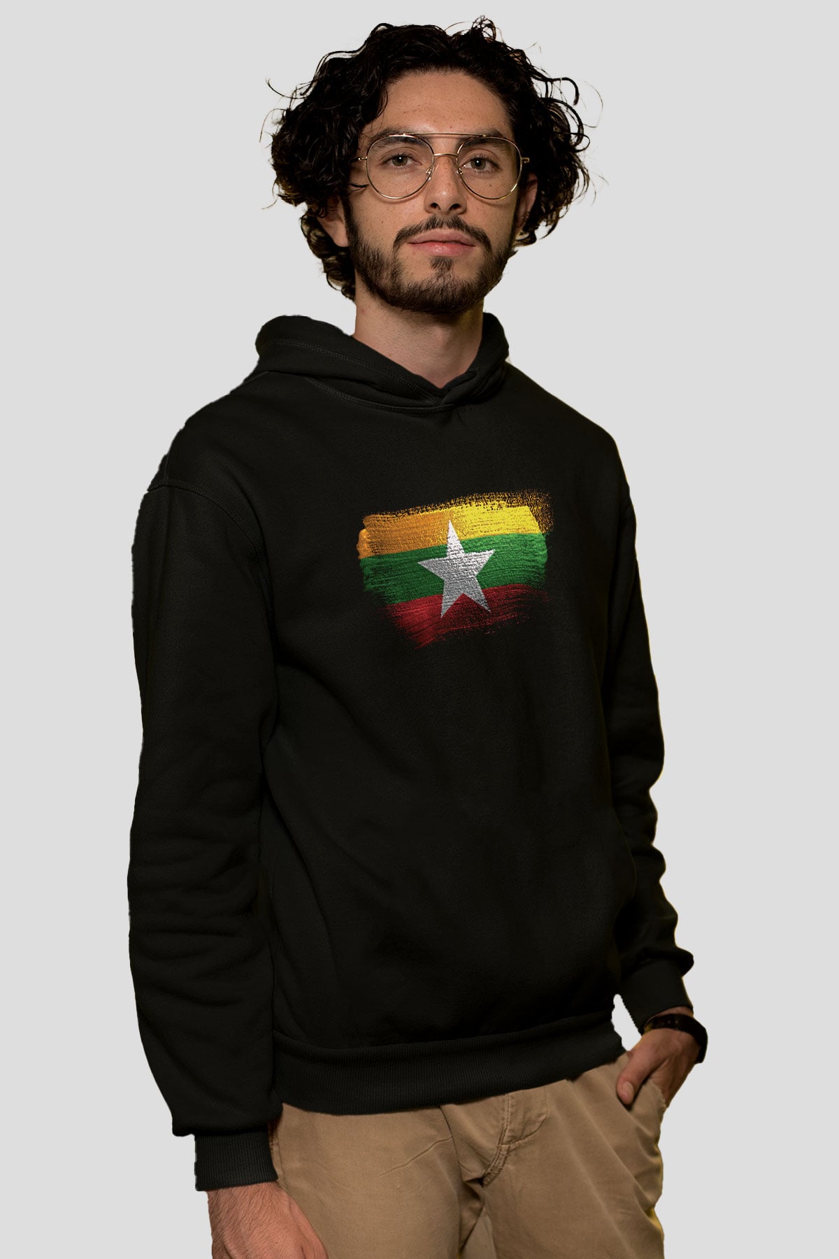 Myanmar Bayrağı Baskılı Unisex Siyah Kapüşonlu Sweatshirt