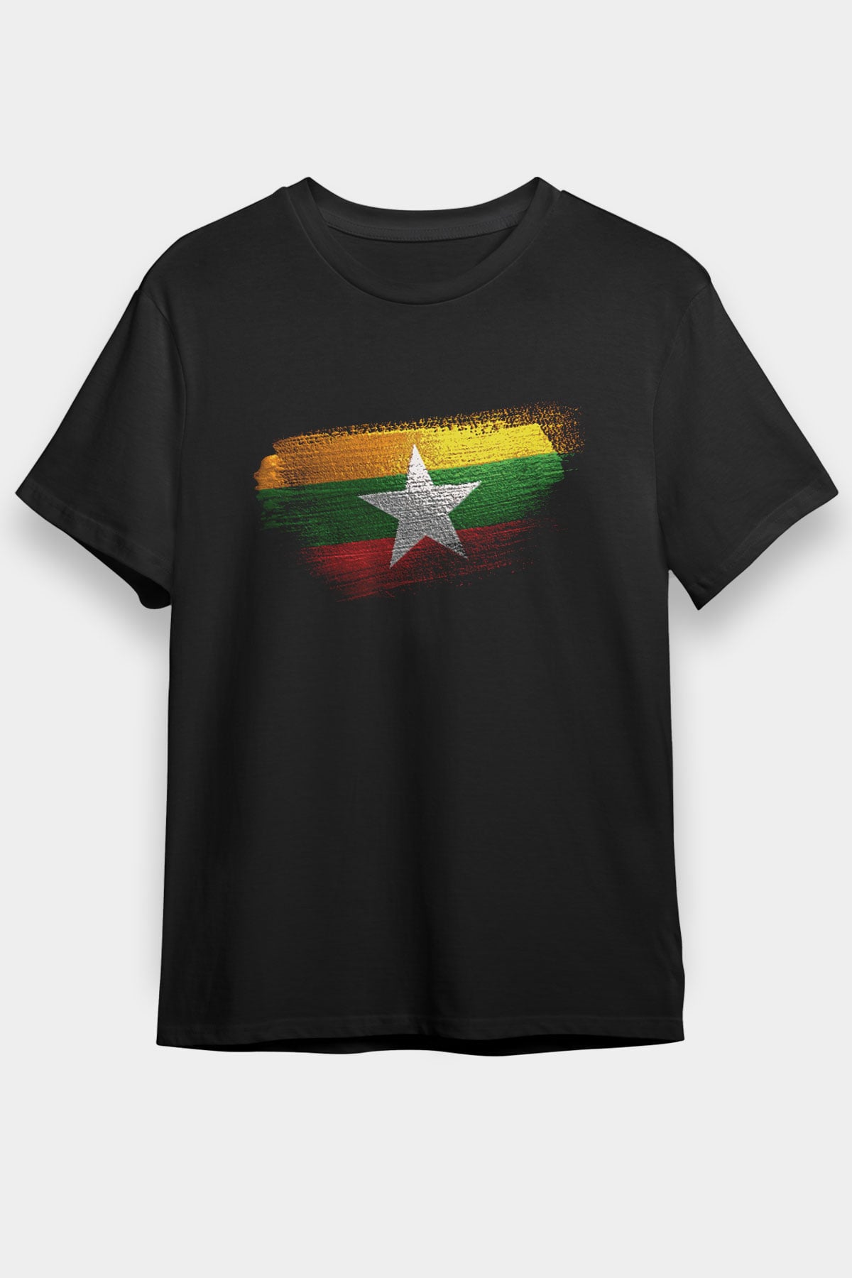 Myanmar Bayrağı Baskılı Unisex Siyah Tişört