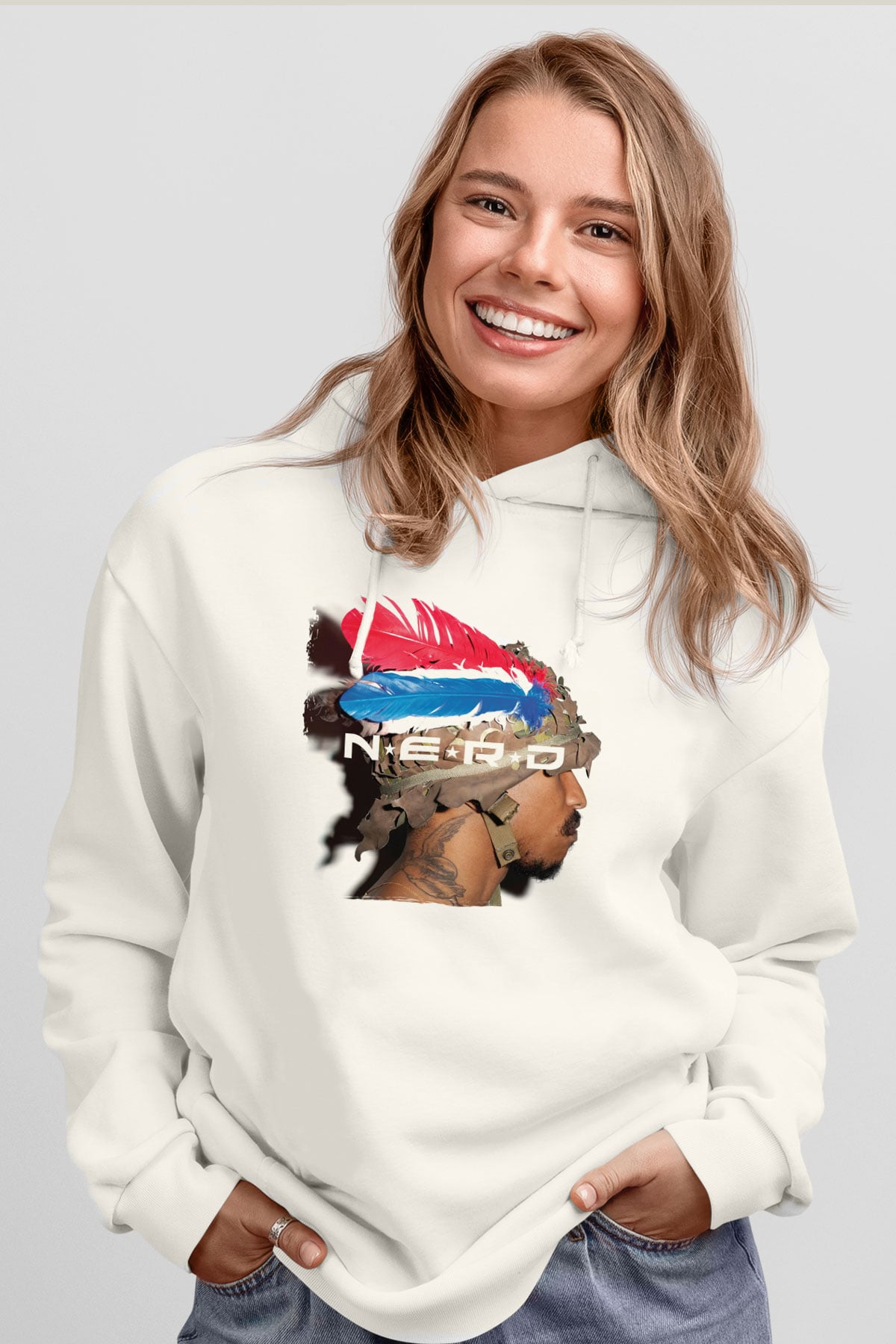 N.E.R.D Beyaz Unisex Kapüşonlu Sweatshirt