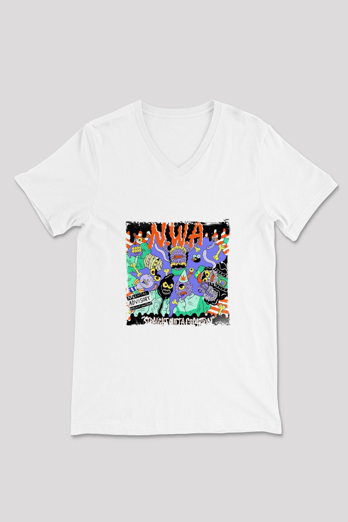 N.W.A Baskılı Beyaz V Yaka Unisex Tişört
