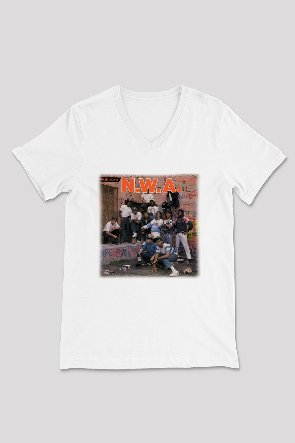 N.W.A Beyaz Unisex V Yaka Tişört T-Shirt
