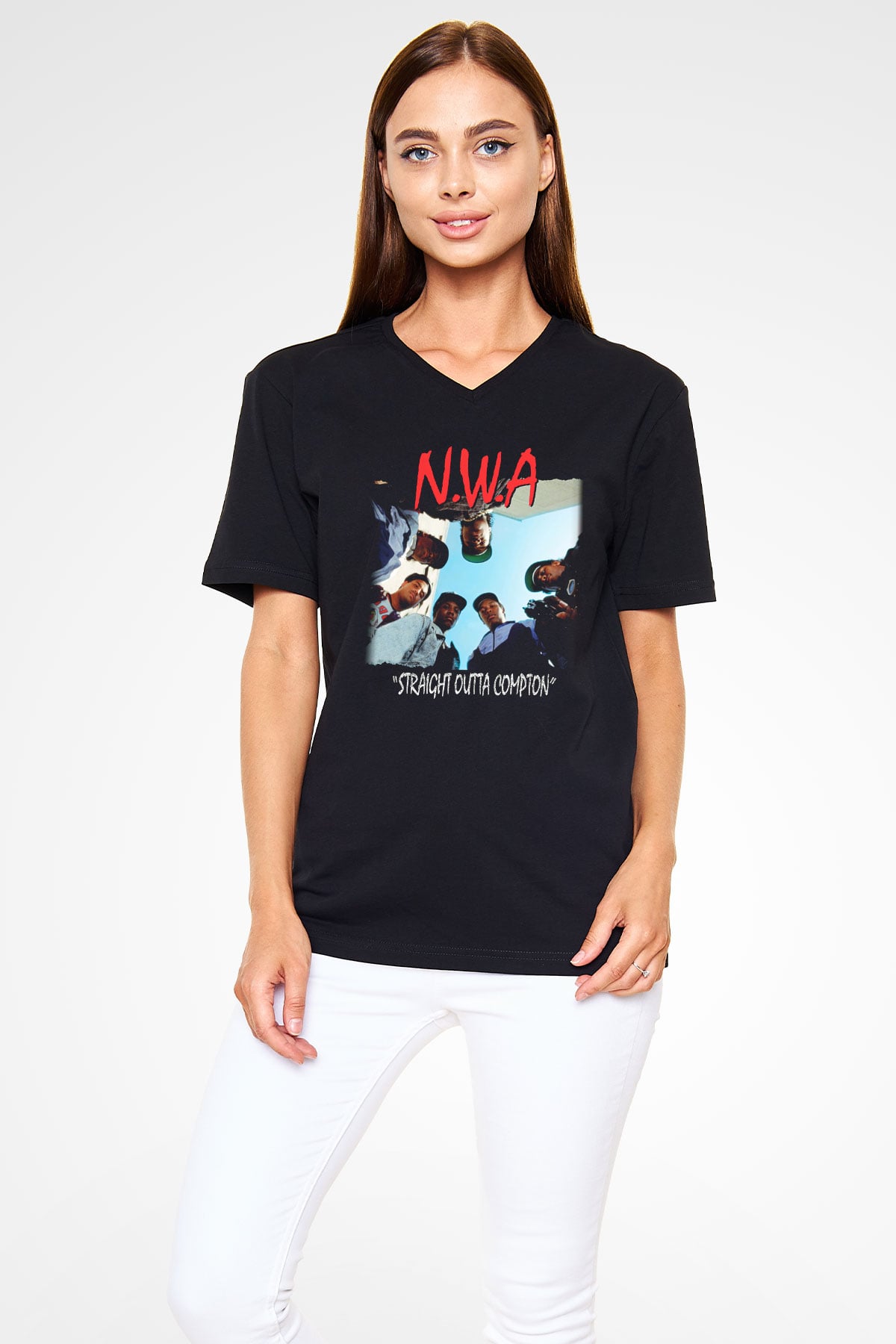 N.W.A Siyah Unisex V Yaka Tişört T-Shirt