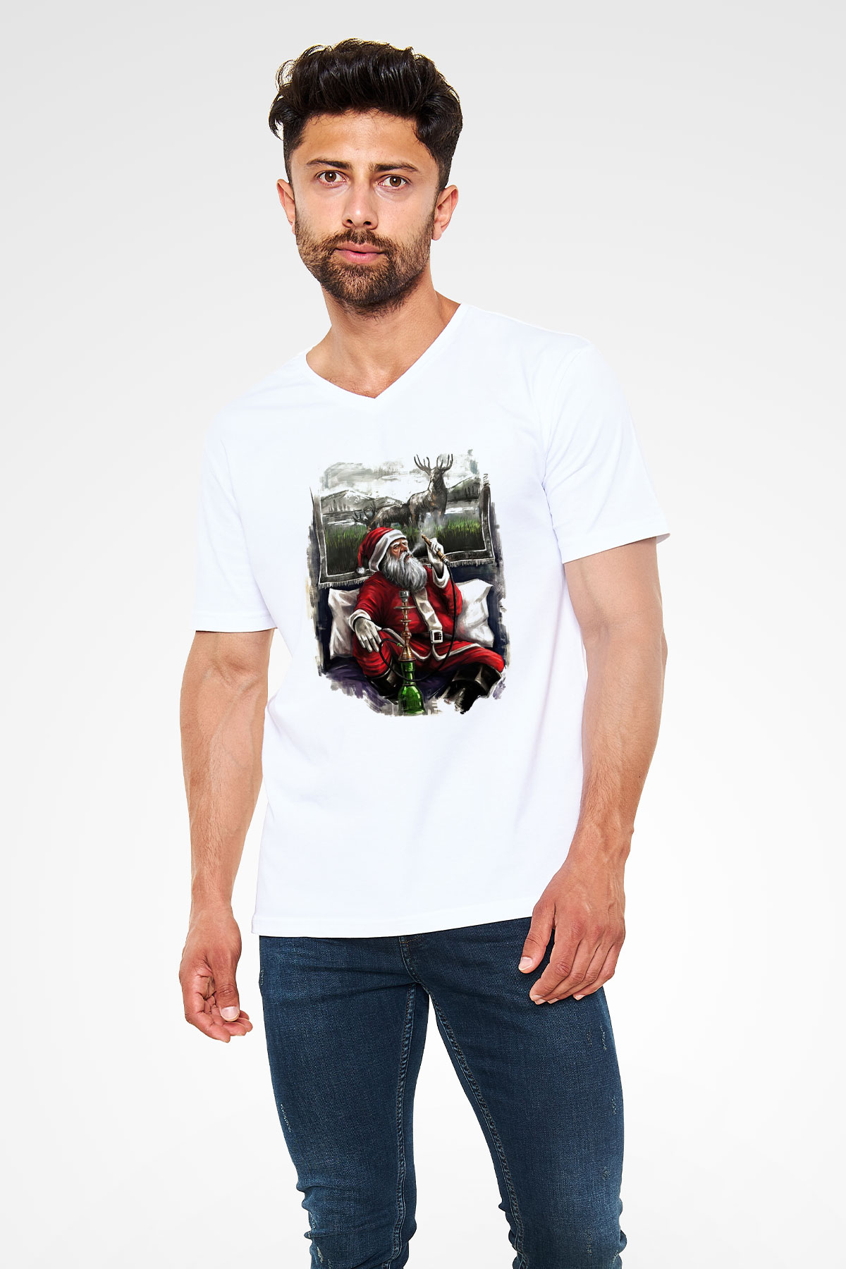 Nargile Beyaz Unisex V Yaka Tişört T-Shirt