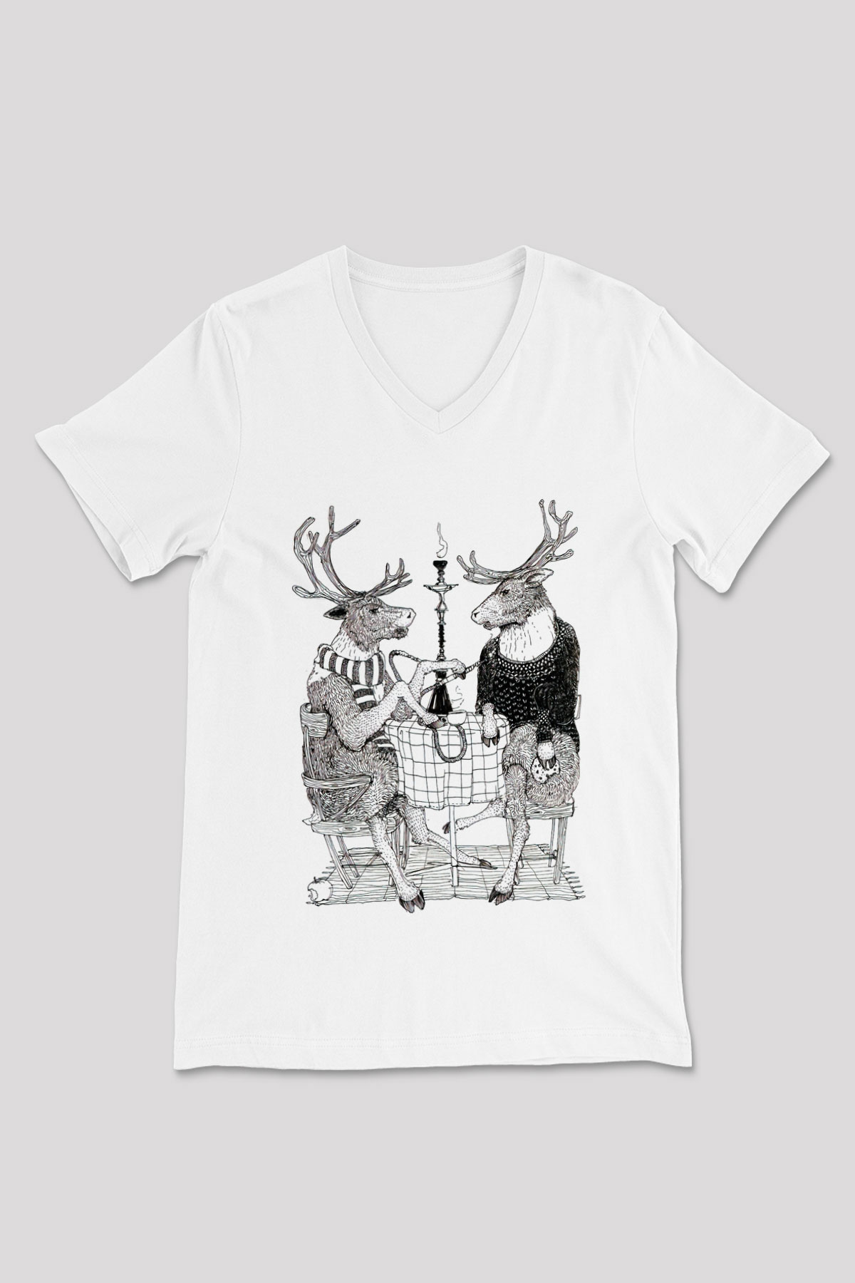 Nargile Beyaz Unisex V Yaka Tişört T-Shirt