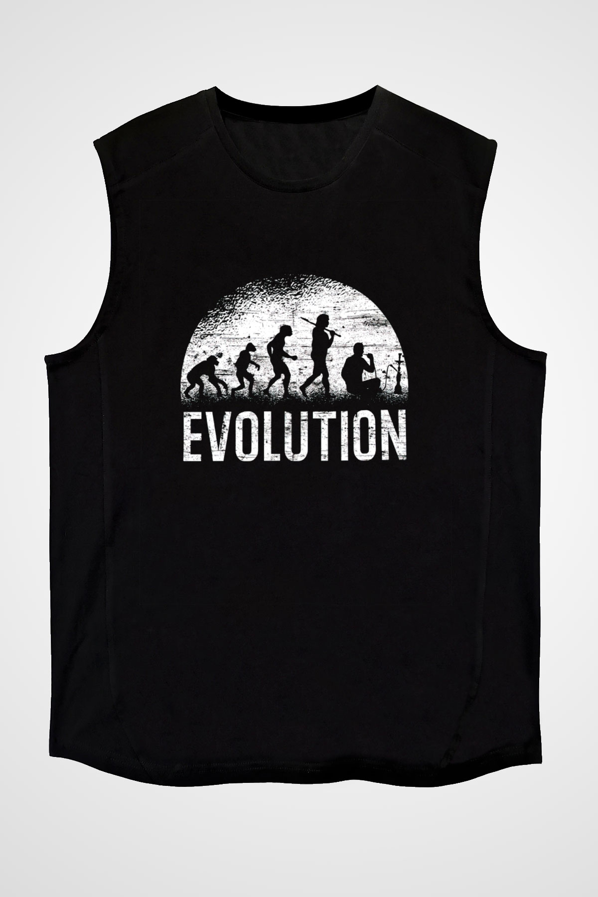 Nargile Evrimi Baskılı Unisex Kolsuz Siyah Tişört - Tshirt