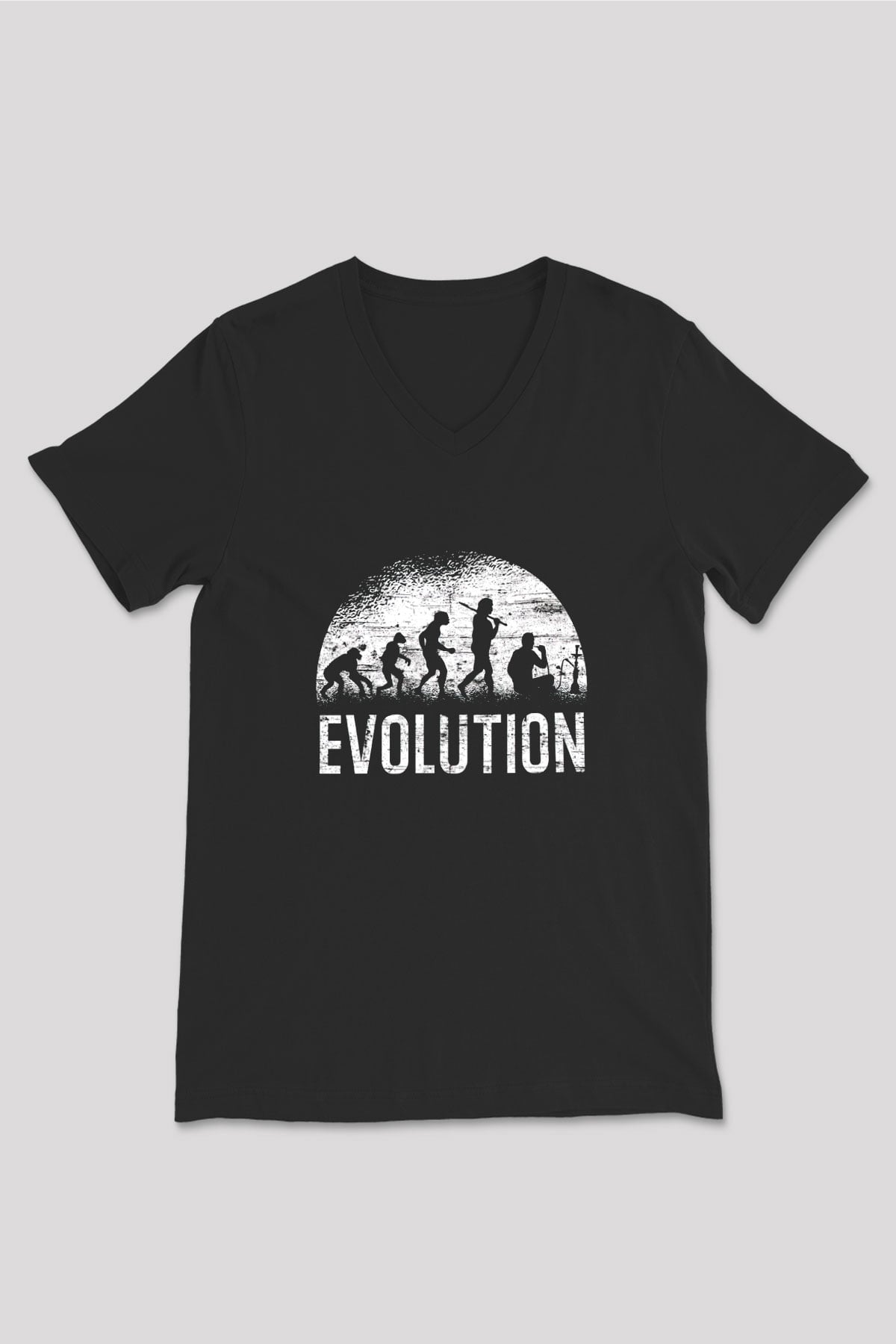 Nargile Evrimi Baskılı Unisex V Yaka Siyah Tİşört - Tshirt