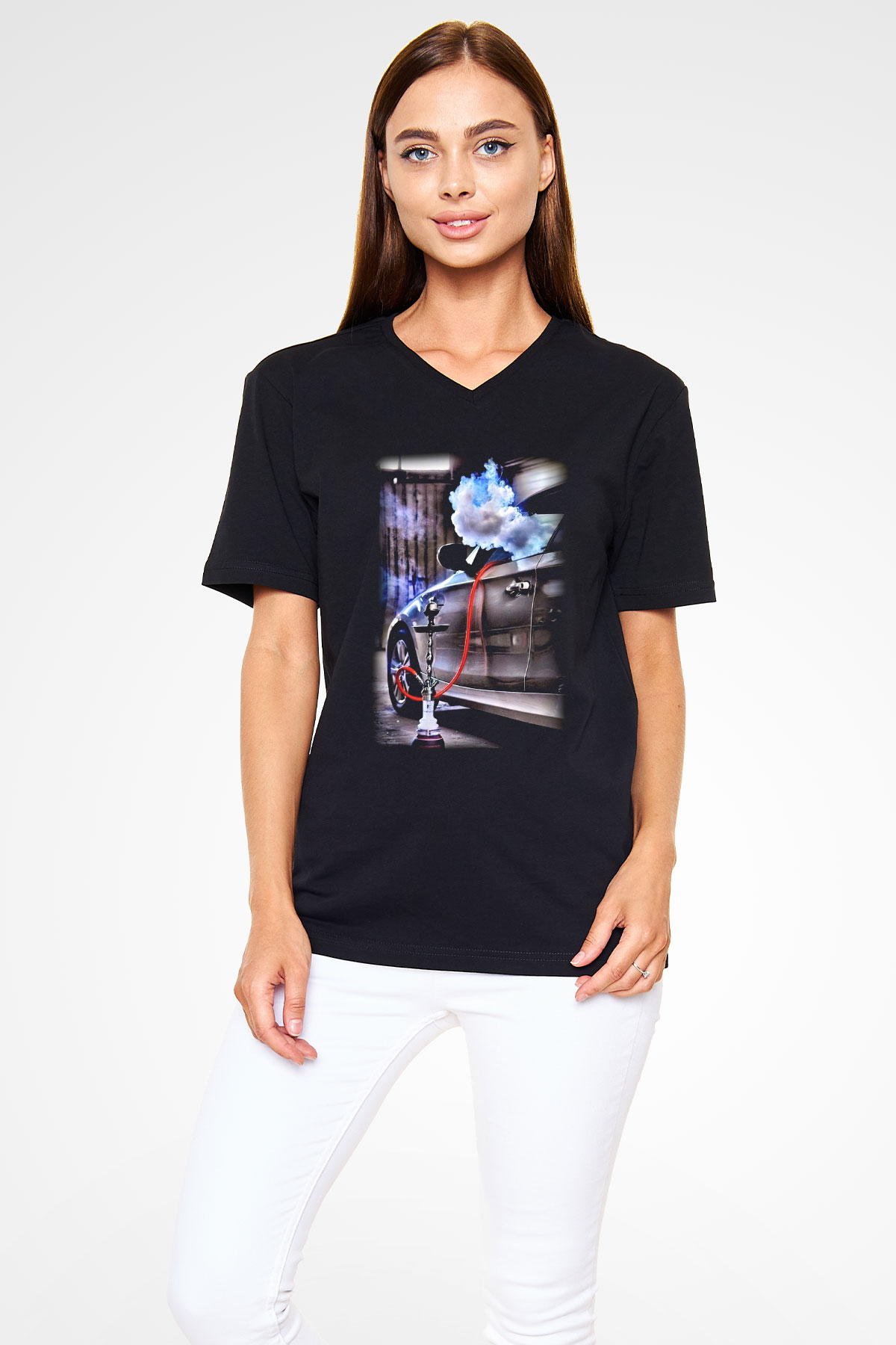 Nargile Siyah Unisex V Yaka Tişört T-Shirt