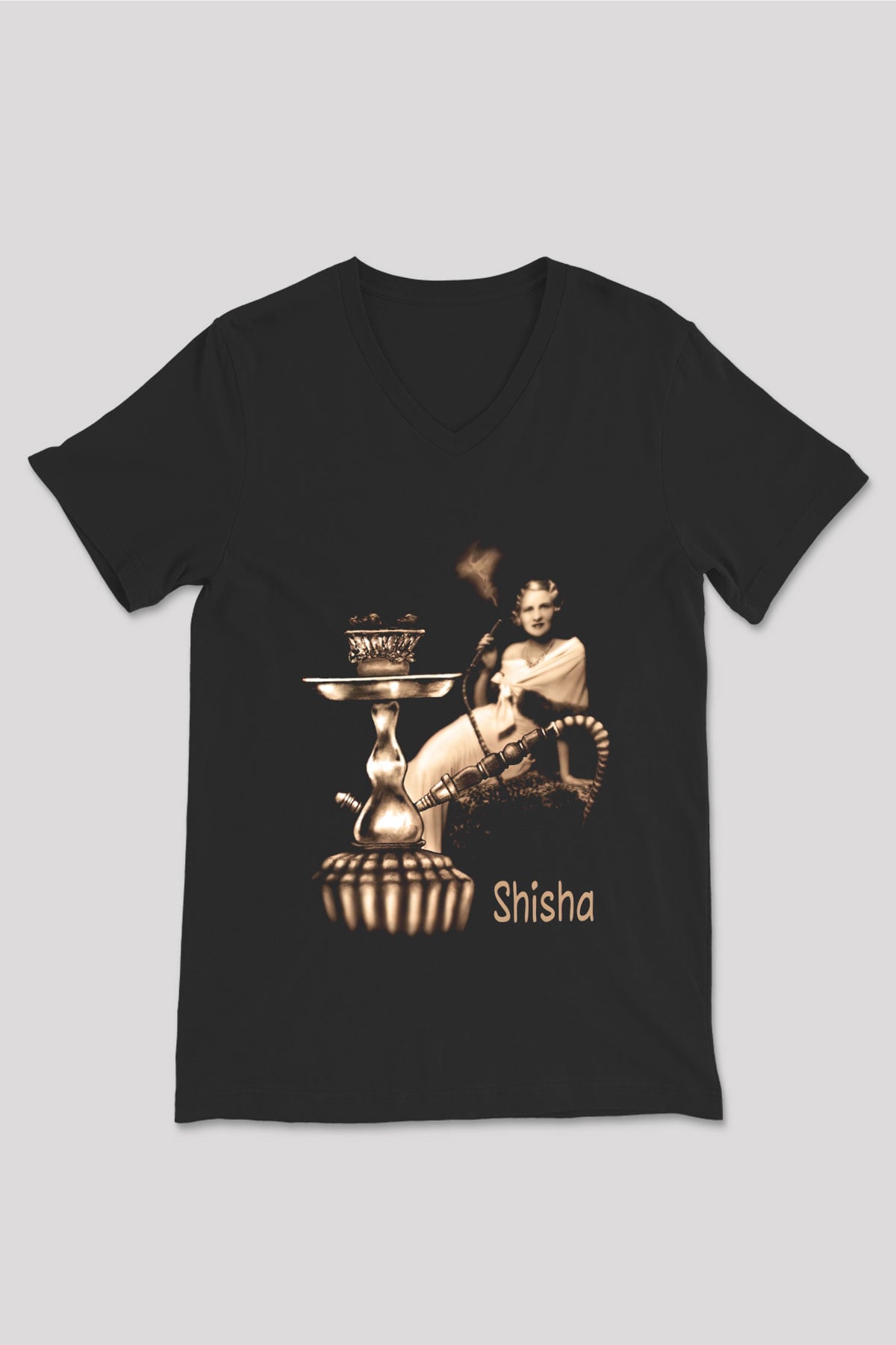 Nargile Siyah Unisex V Yaka Tişört T-Shirt