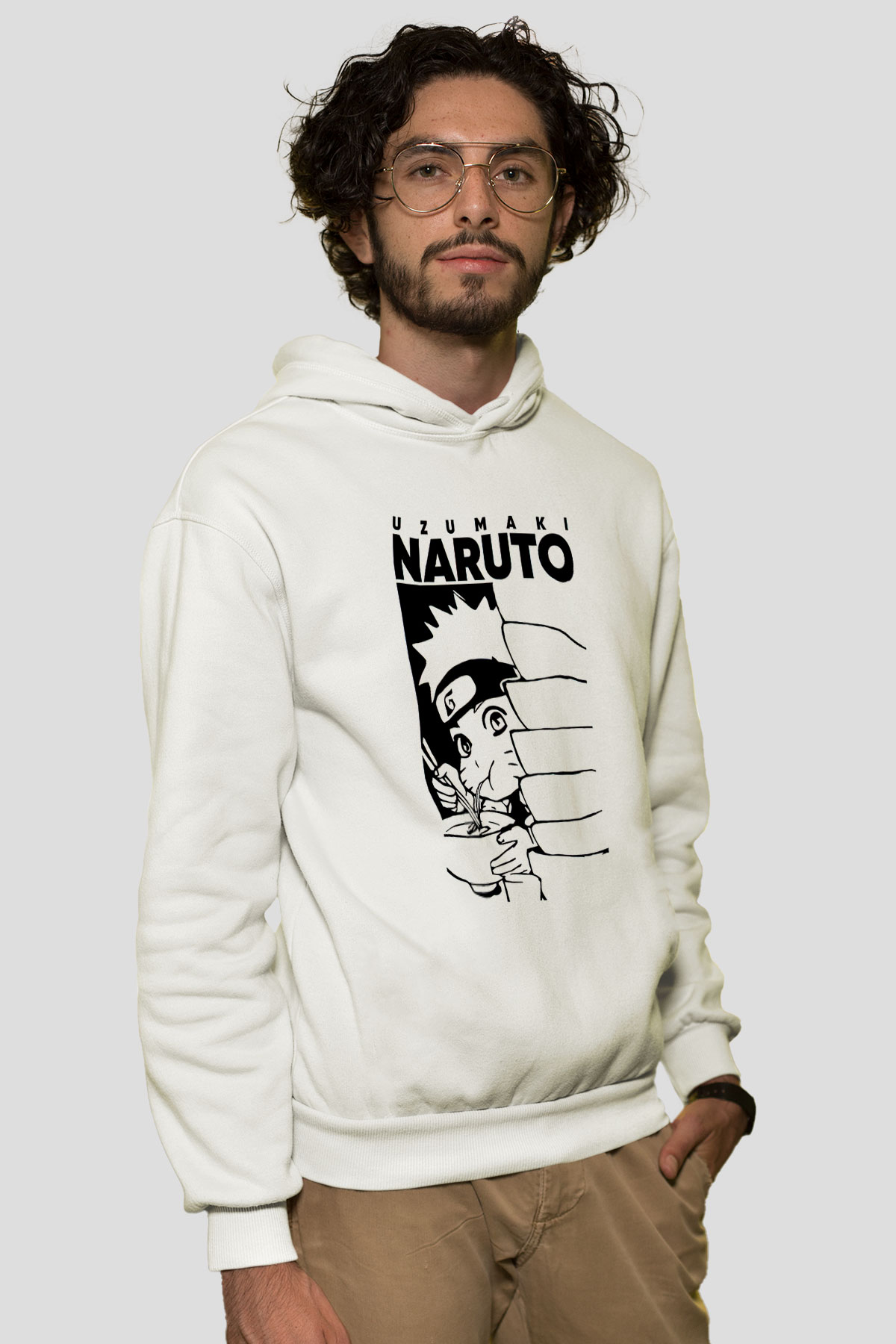 Naruto Baskılı Beyaz Unisex Hoodie