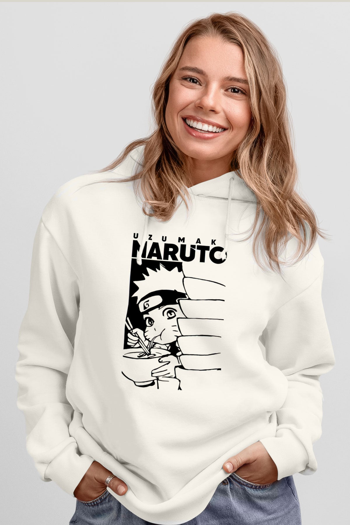 Naruto Baskılı Beyaz Unisex Hoodie