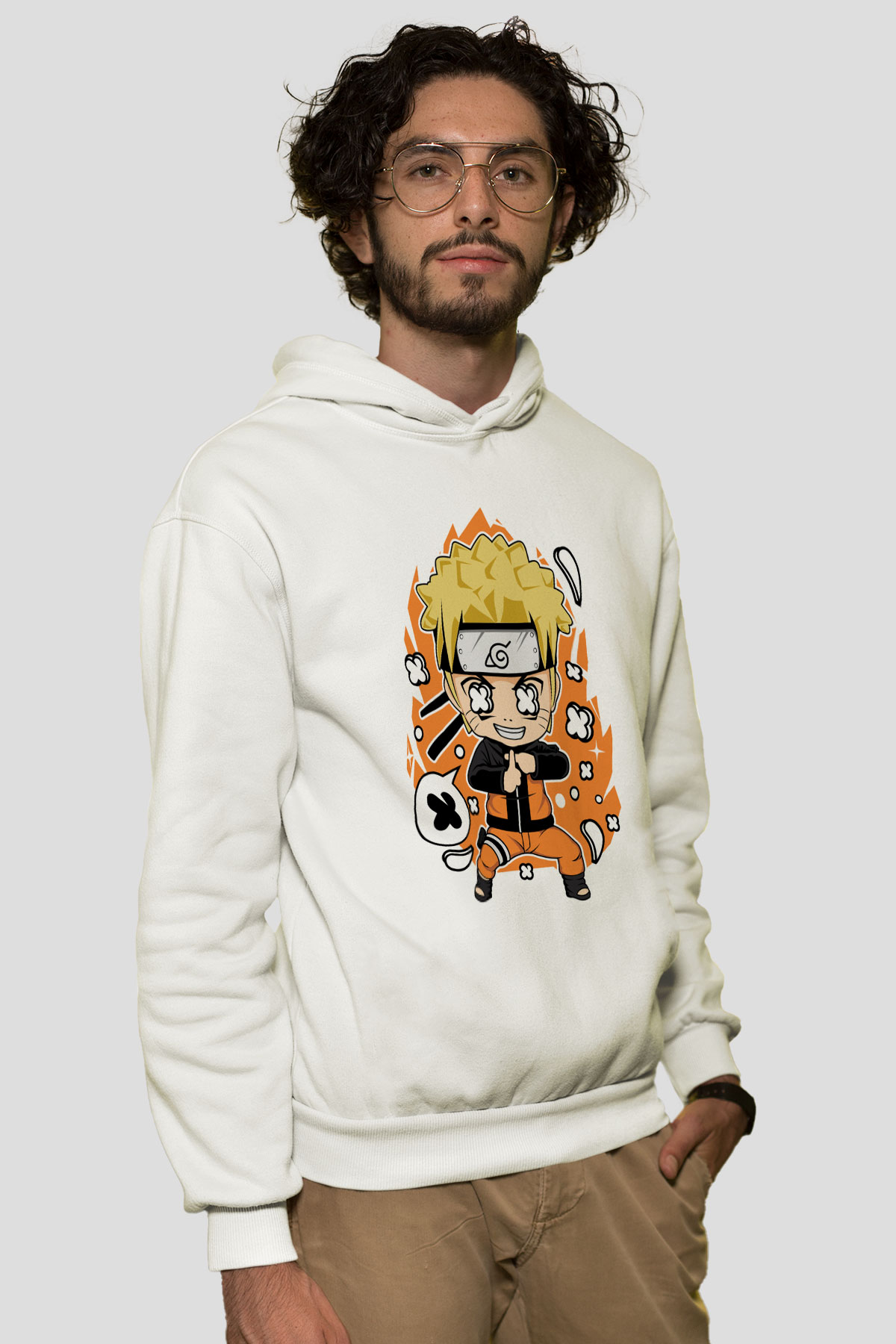 Naruto Baskılı Unisex Beyaz Hoodie