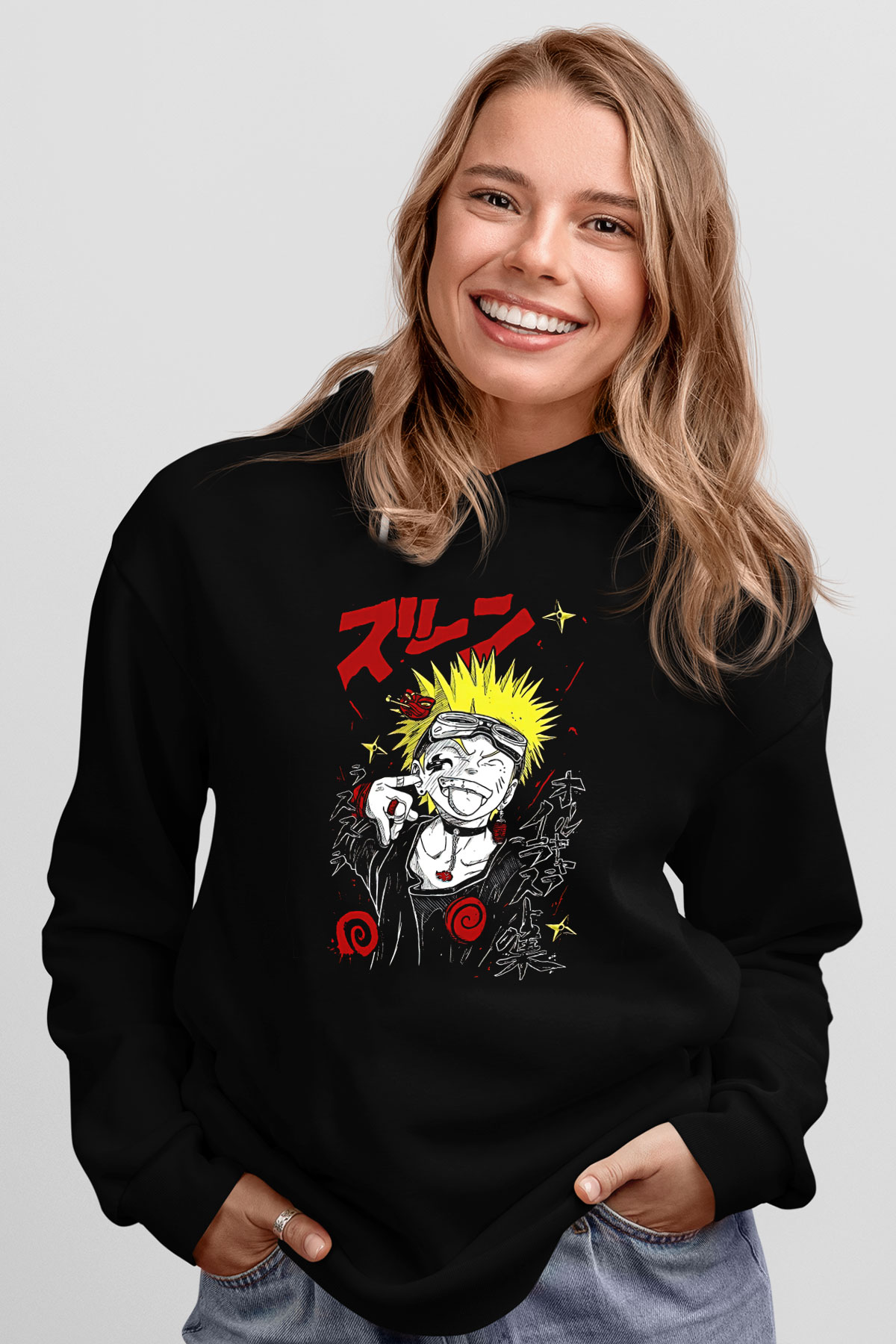 Naruto Baskılı Unisex Siyah Hoodie
