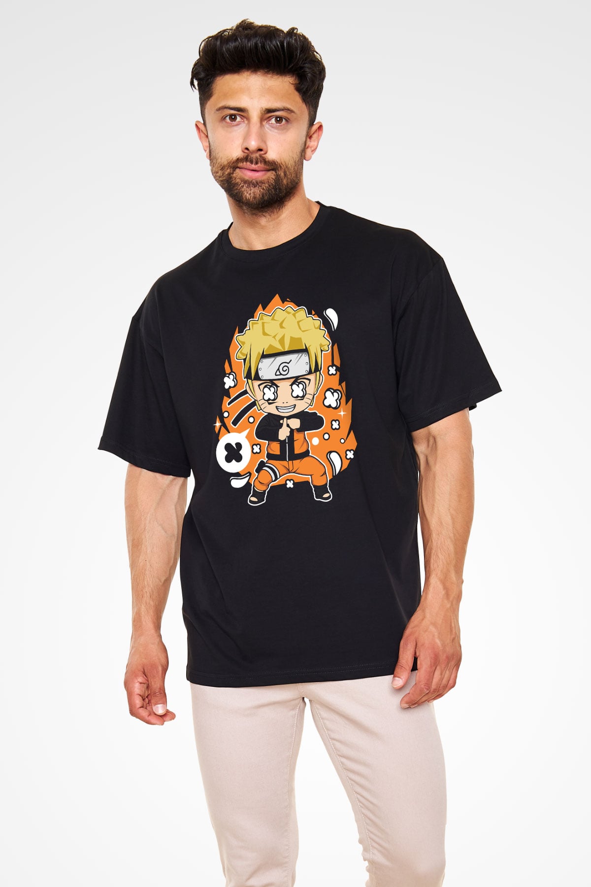 Naruto Baskılı Unisex Siyah Oversize Tişört